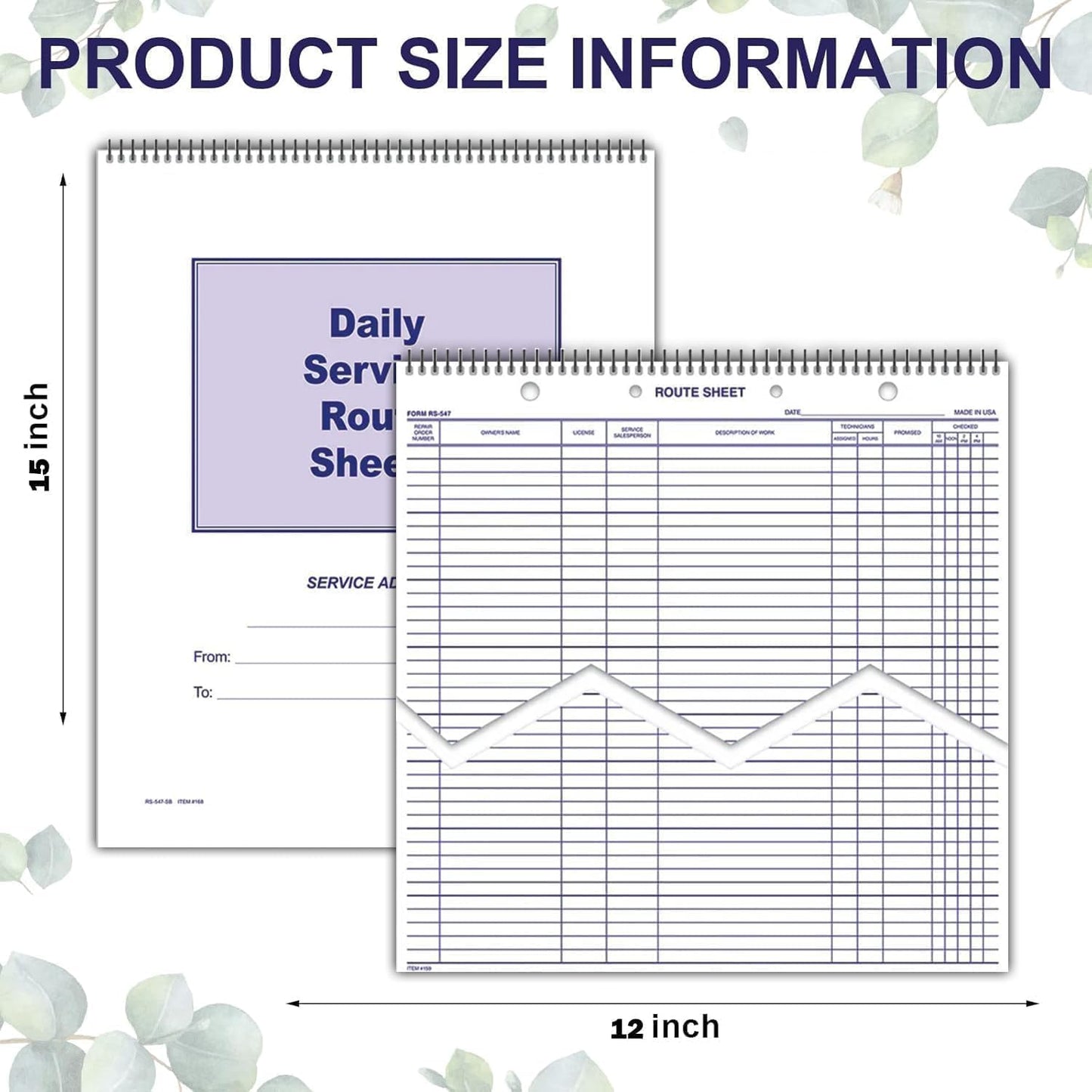 MICRO TEC Daily Service Route Sheets – 12" x 15" Daily Schedule & Appointment Sheets – Spiral Bound Route Planner on 100# Tag Stock Paper – Blue Ink Print – 100 Pages/Book (Book of 5)