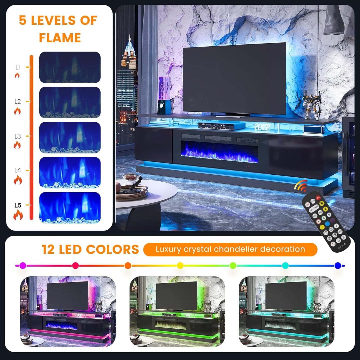 4-Piece Modern Living Room Table Set, Includes High Gloss 70" Fireplace TV Stand, 47" LED Coffee Table and 15" End Tables Set of 2 with Storage Drawers, Black