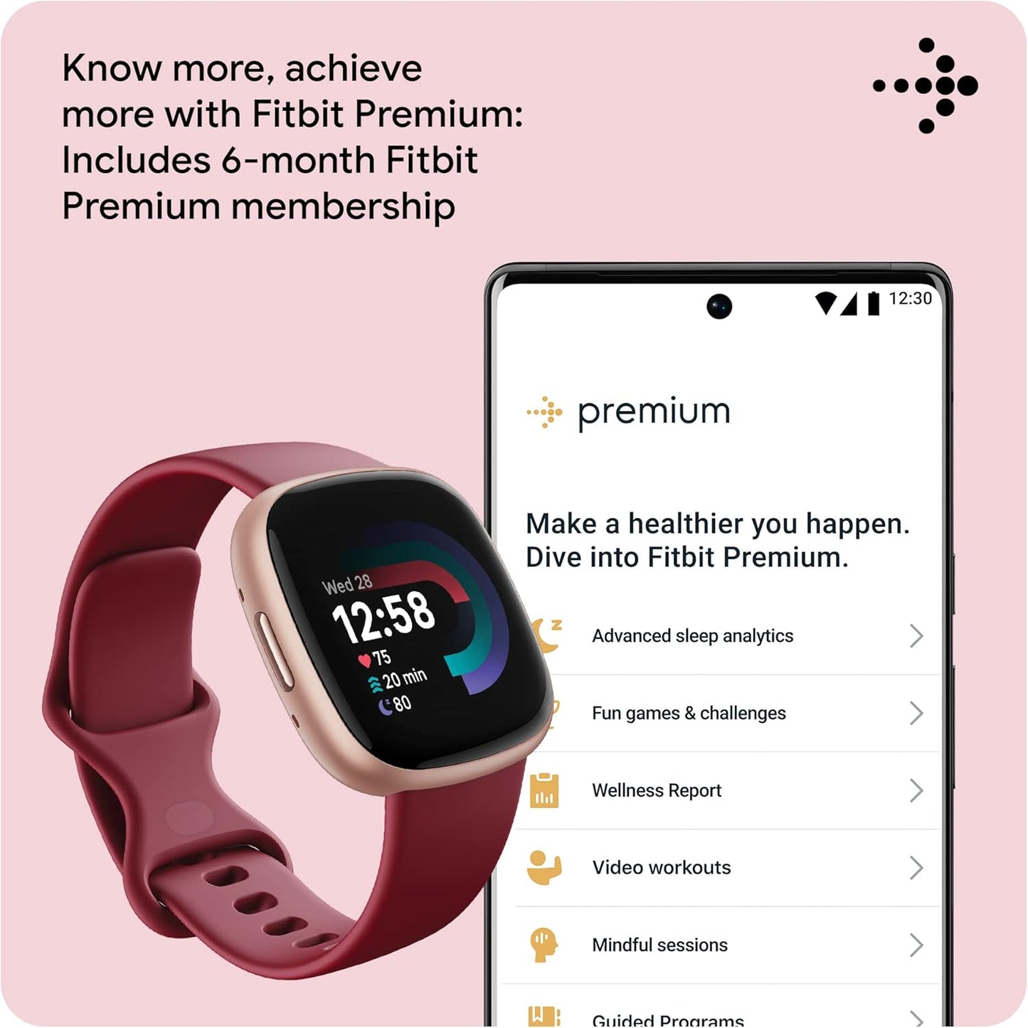 Fitbit Versa 4 Fitness Smartwatch with Daily Readiness, GPS, 24/7 Heart Rate, 40+ Exercise Modes, Sleep Tracking and More, Beet Juice/Copper Rose, One Size (S & L Bands Included)