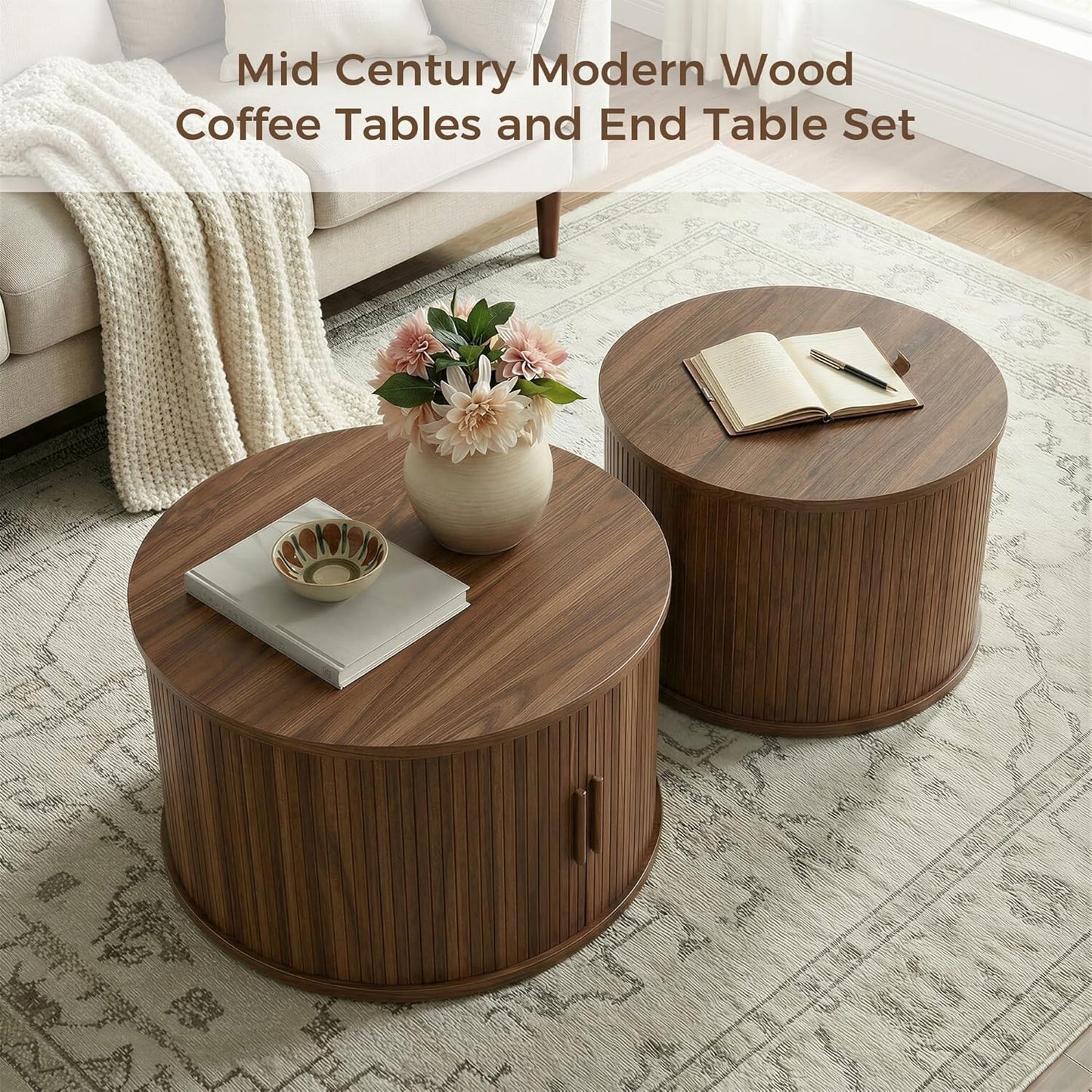 IRONCK Round Coffee Table Set of 2, Fluted Coffee Table and End Table with Storage, Wood Center Tables with Sliding Tambour Door and Hollow Side Table, Mid Century Modern, Walnut
