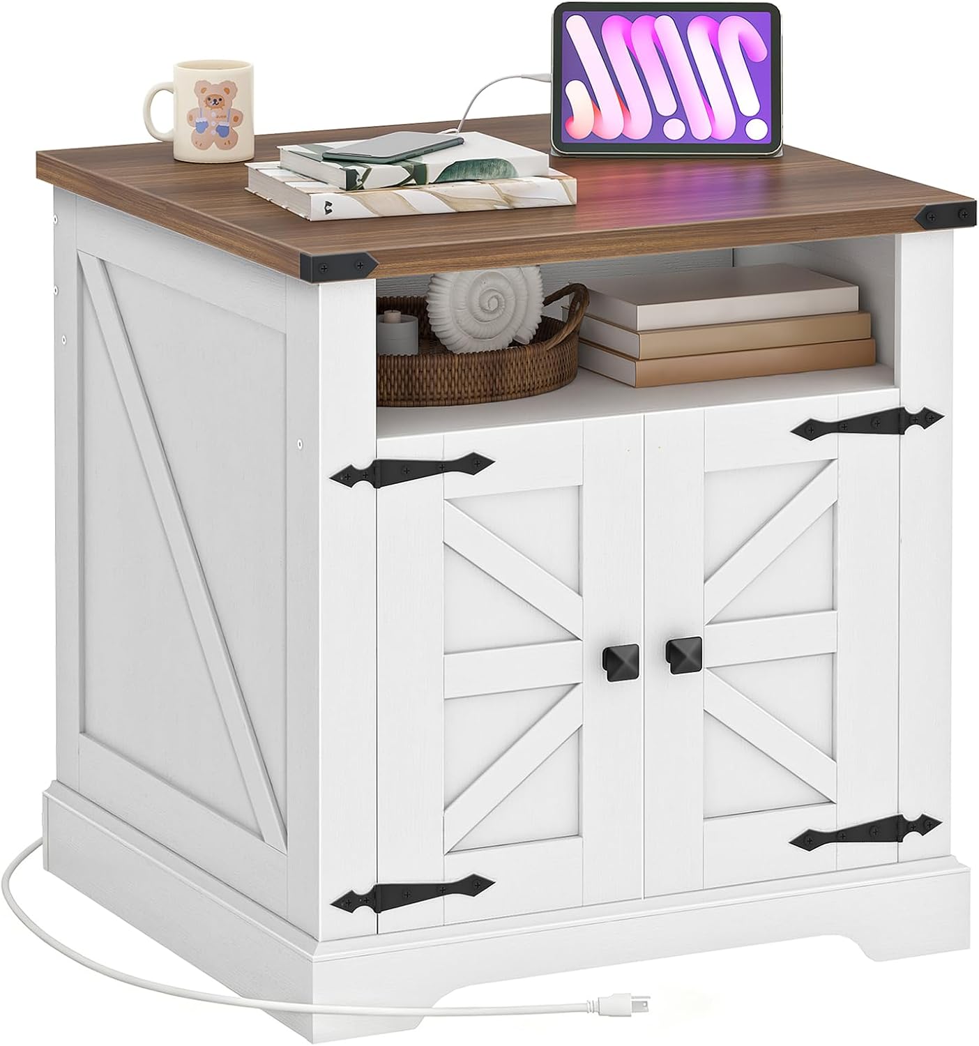 HOOBRO Farmhouse End Tables Set of 2 with Charging Station, 23.6" Large End Table for Living Room, Sofa Side Table with Barn Door, Wooden Square Nightstand Bedside Table, White and Walnut WH601UBZP201