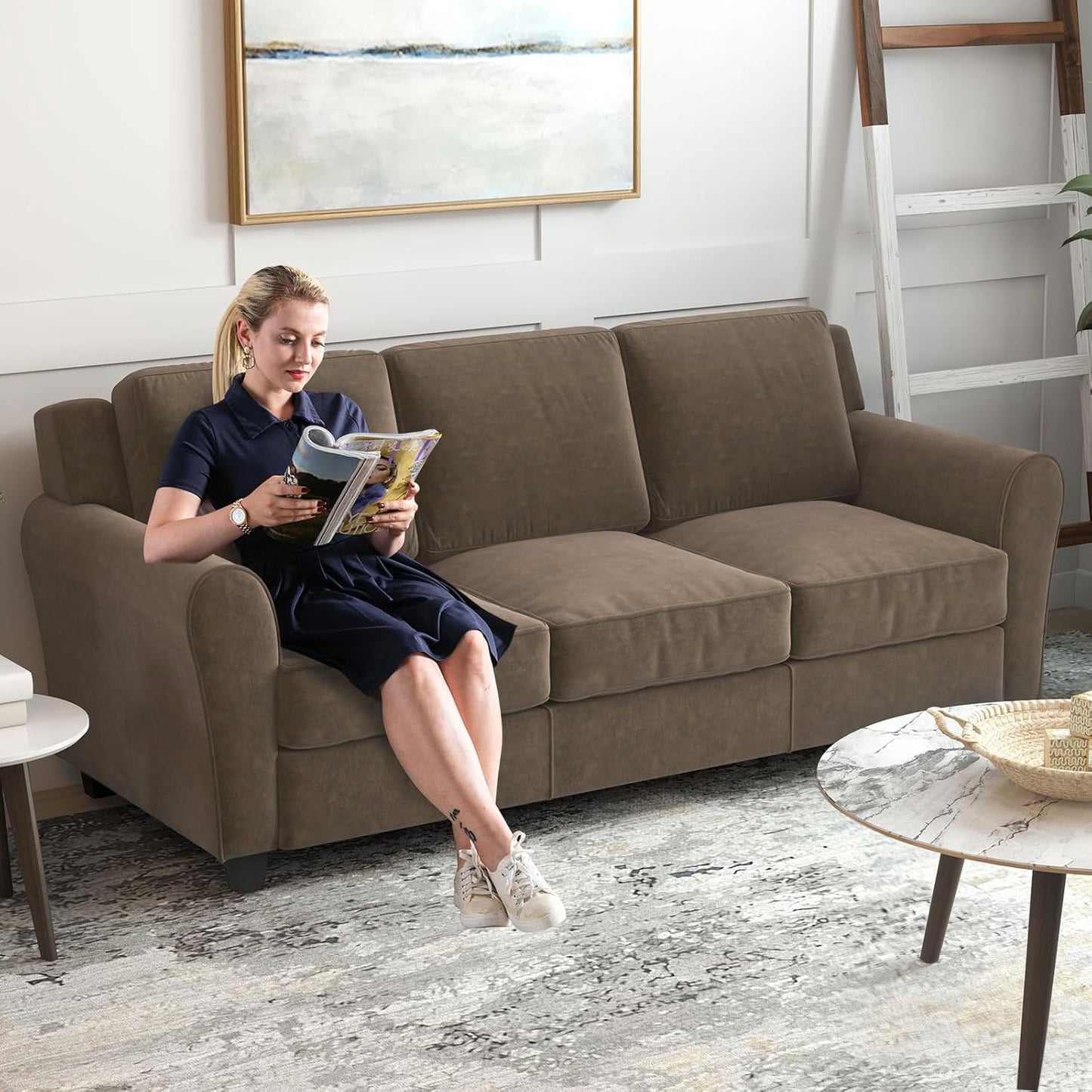 Bonzy Home 2 Piece Sofa Set, 3-Seater Sofa Couch Set of 2, Modern Comfy Sofa with Thick Cushion for Living Room Apartment Office, Brown