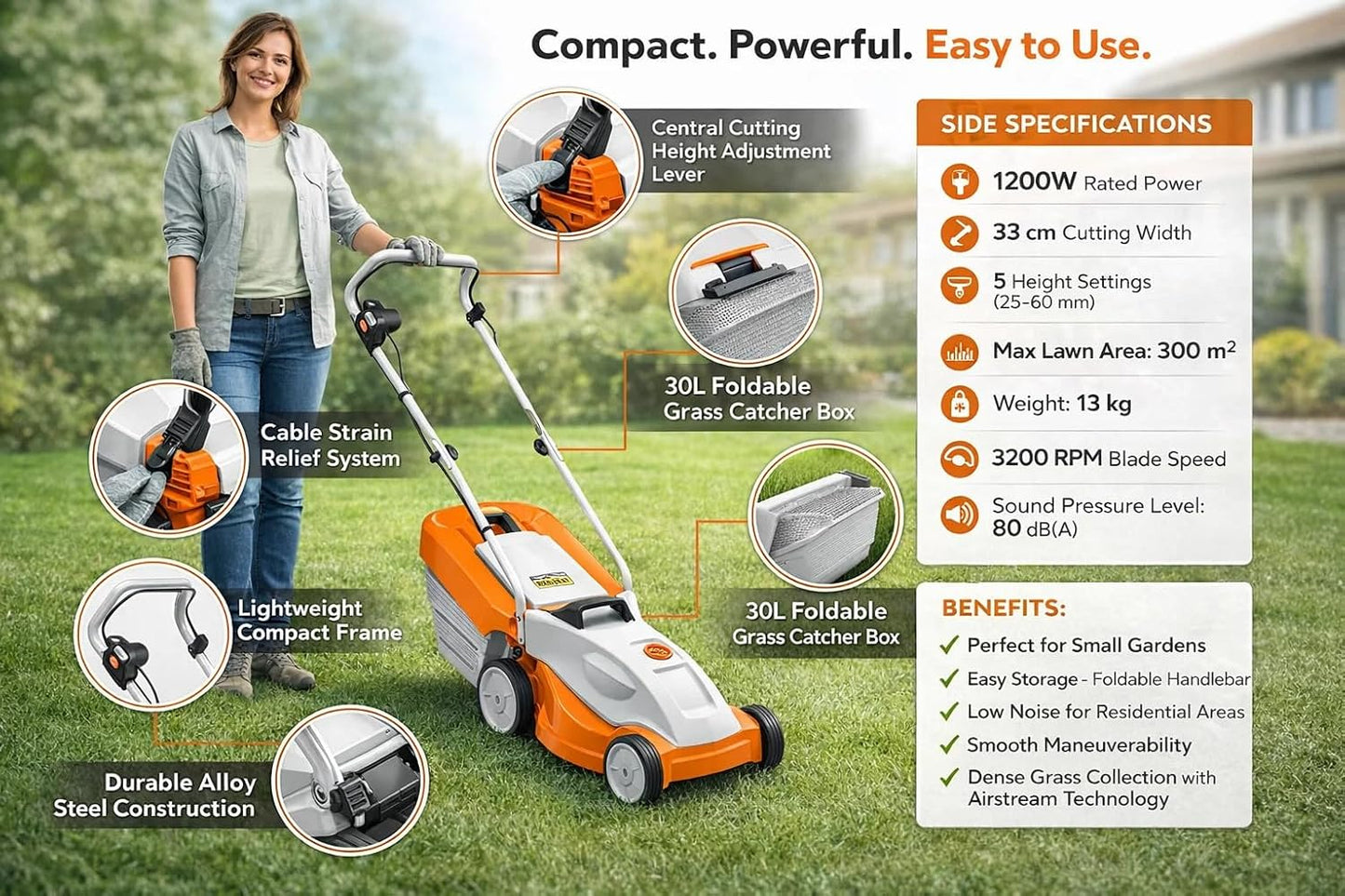 Stihl RME 235 1.2 kW, 13 kg Lightweight Electric Lawn Mower with 33 cm Cutting Width With 30 Litre Grass Collection, with Level Indicator