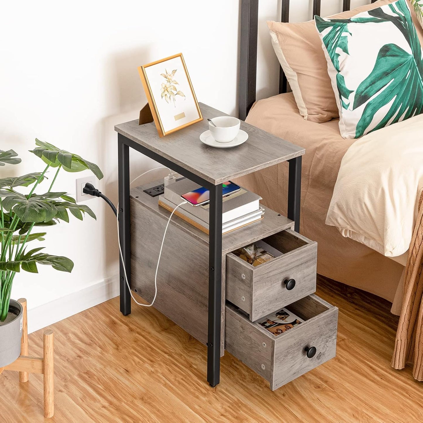 HOOBRO Set of 2 End Tables with Charging Station, Narrow Side Table with Drawers & USB Port & Power Outlets, Nightstand for Small Spaces, Living Room, Stable, Greige and Black BG541BZP201