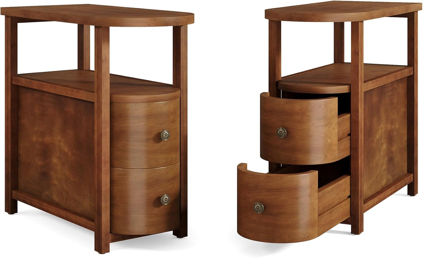 LITTLE TREE Solid Wood End Table Set 2 with 2 Drawers & Open Shelf, No Assembly Required Side Table for Living Room, Vintage Brown Couch Side Tables, Slim Bedside Table Nightstand for Bedroom
