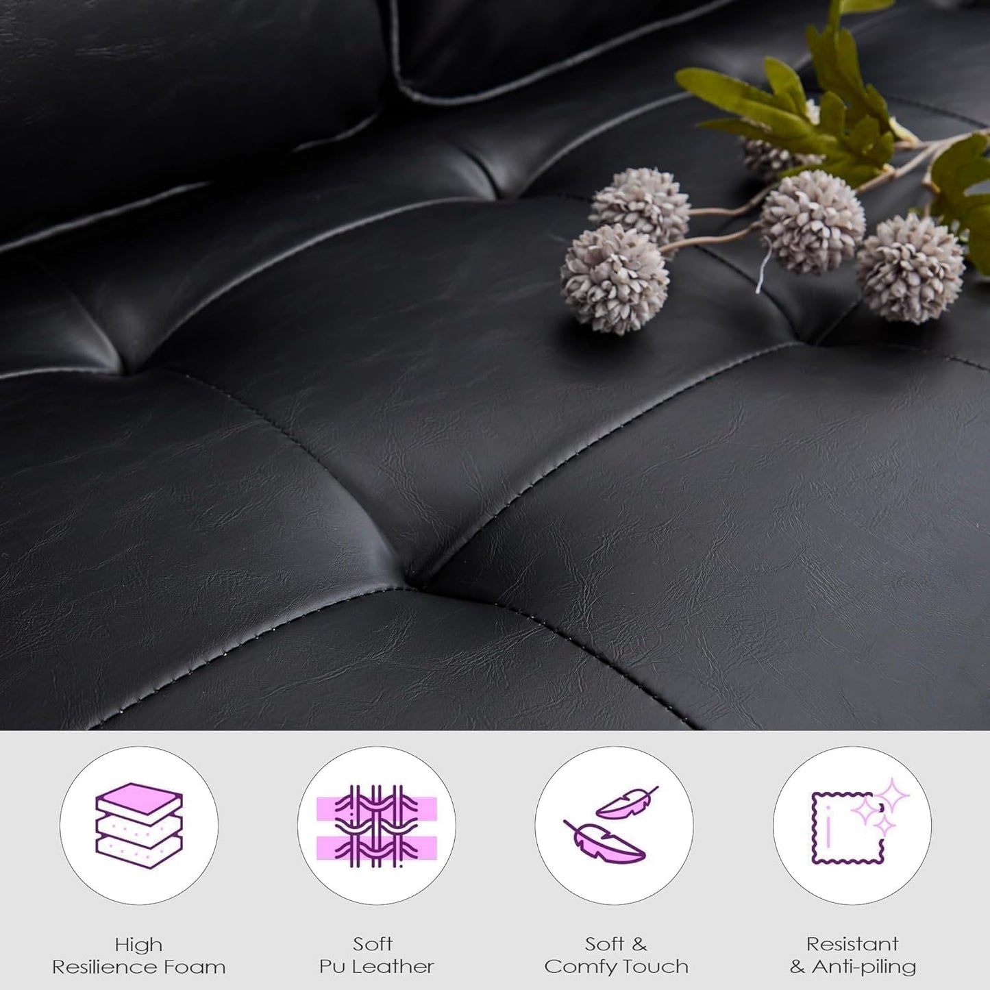 TYBOATLE 57" Small Black Faux Leather Sofa Couch, 3 Piece Living Room Set, Mid-Century Modern Tufted Comfy Loveseat, 2 Seater Office Couches Love Seat for Small Space Bedroom Drom Apartment Playroom