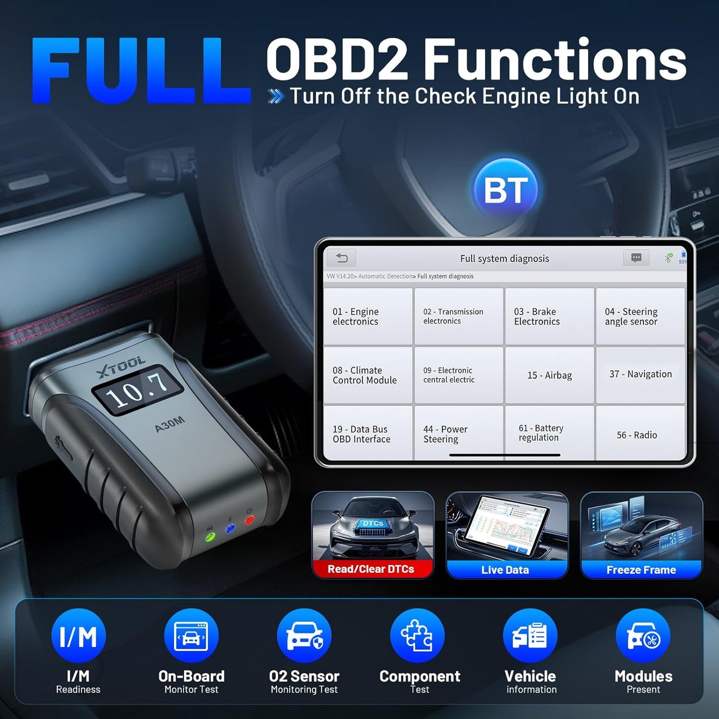 OBD2 Scanner Diagnostic Tool XTOOL A30M V2.0, 2026 Wireless Bidirectional Code Reader, 26 Reset, All System, Crank Sensor Relearn, EPB, Throttle Relearn, Lifetime Free Updates, Android & iOS
