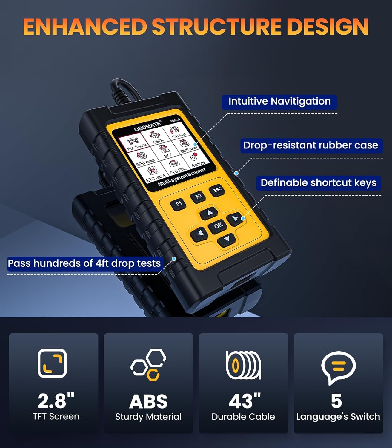 OBD2 Scanner for Toyota/Lexus/Scion, OM701 All Systems Diagnostic Tool with 15+ Resets (Oil/ETC/EPB/ABS/SAS/BAT Register...), Full OBDII Functions Read&Erase Fault Codes, Free Software Update