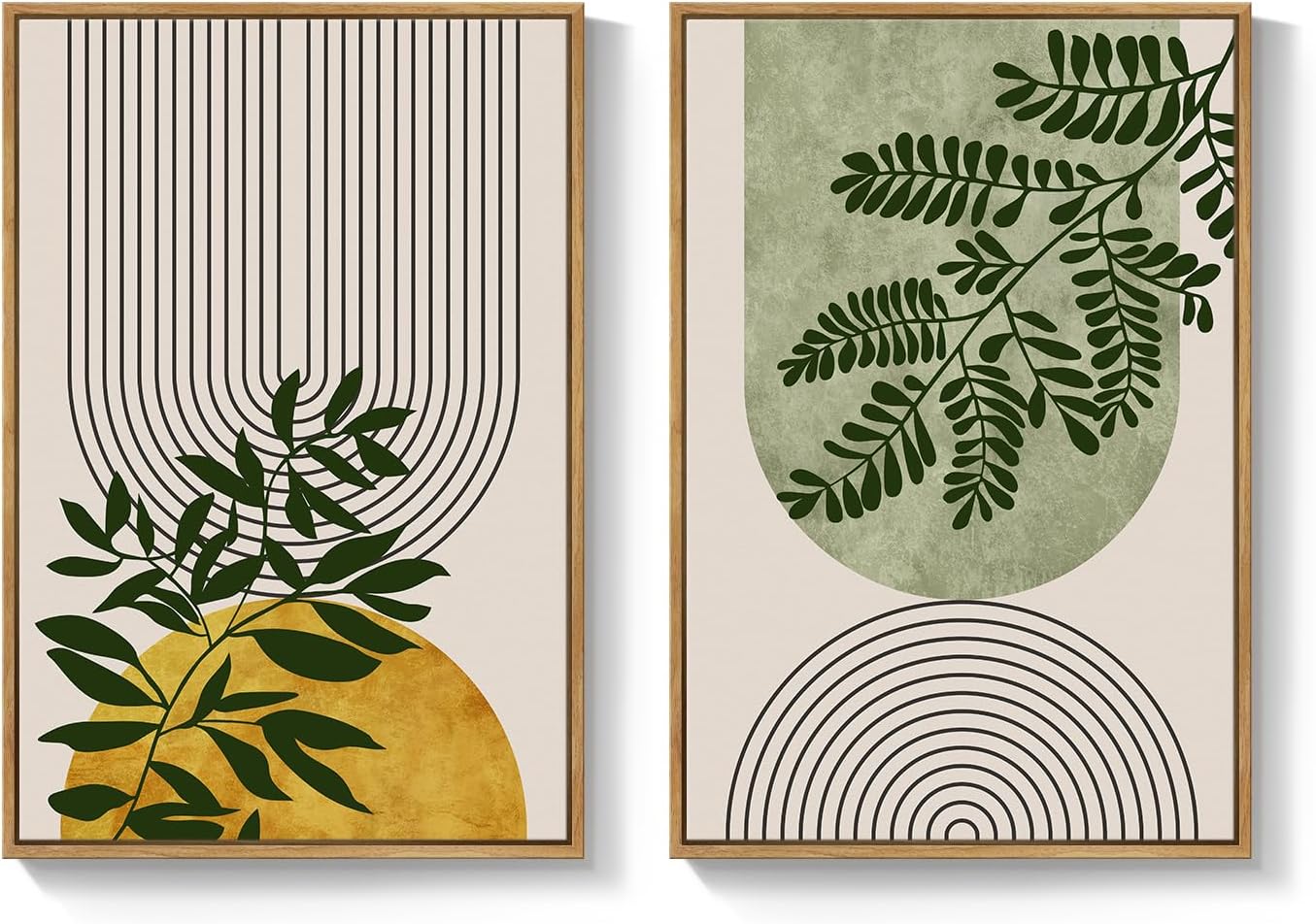 Framed Green Boho Wall Art for Living Room, Set of 2 Neutral Bohemian Botanical Geometric Artwork for Walls, Large Mid Century Modern Canvas Painting Print Wall Decor for Bedroom Office, 20x30 Inch