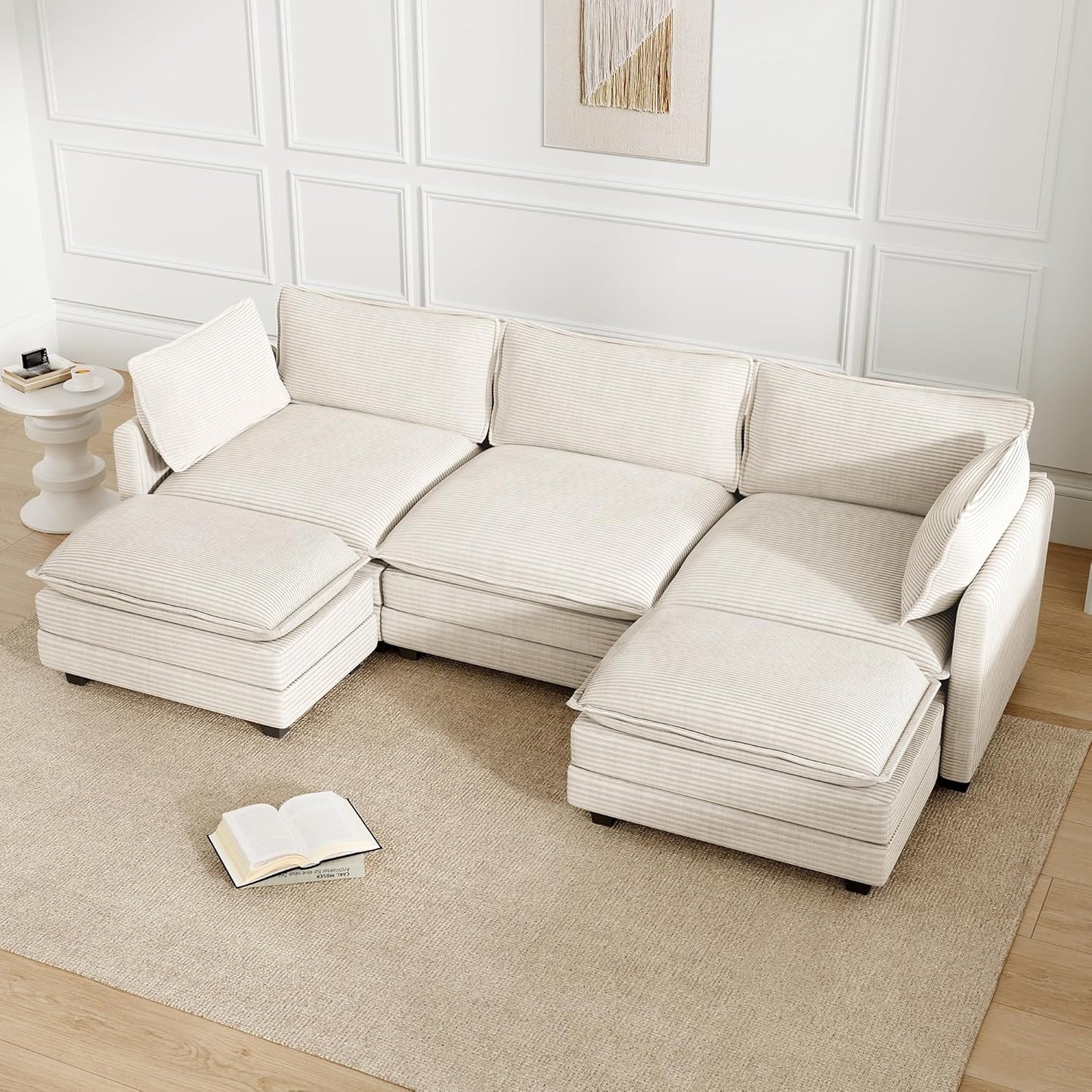 112'' Sectional Modular Cloud Couch, Oversized 5 Seat Couches U Shaped Sofa with 2 Movable Ottomans, 2 Throw Pillows, Upholstered Corduroy U Shape Comfy Deep Couches for Living Room and Office, Beige