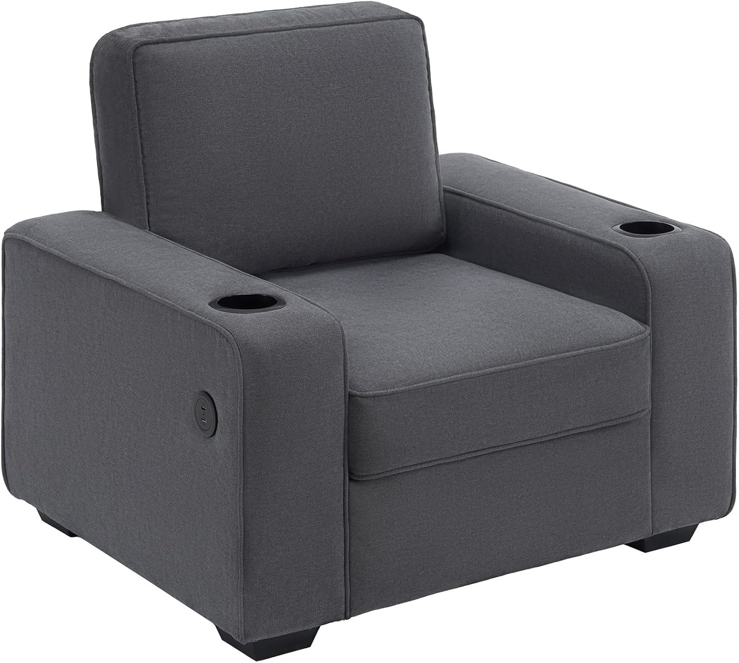 AMERLIFE Chenille Sofa Chair, Modern Comfy Couch with Cup Holders & USB Ports for Living Room, Charcoal Grey Upholstered Couch