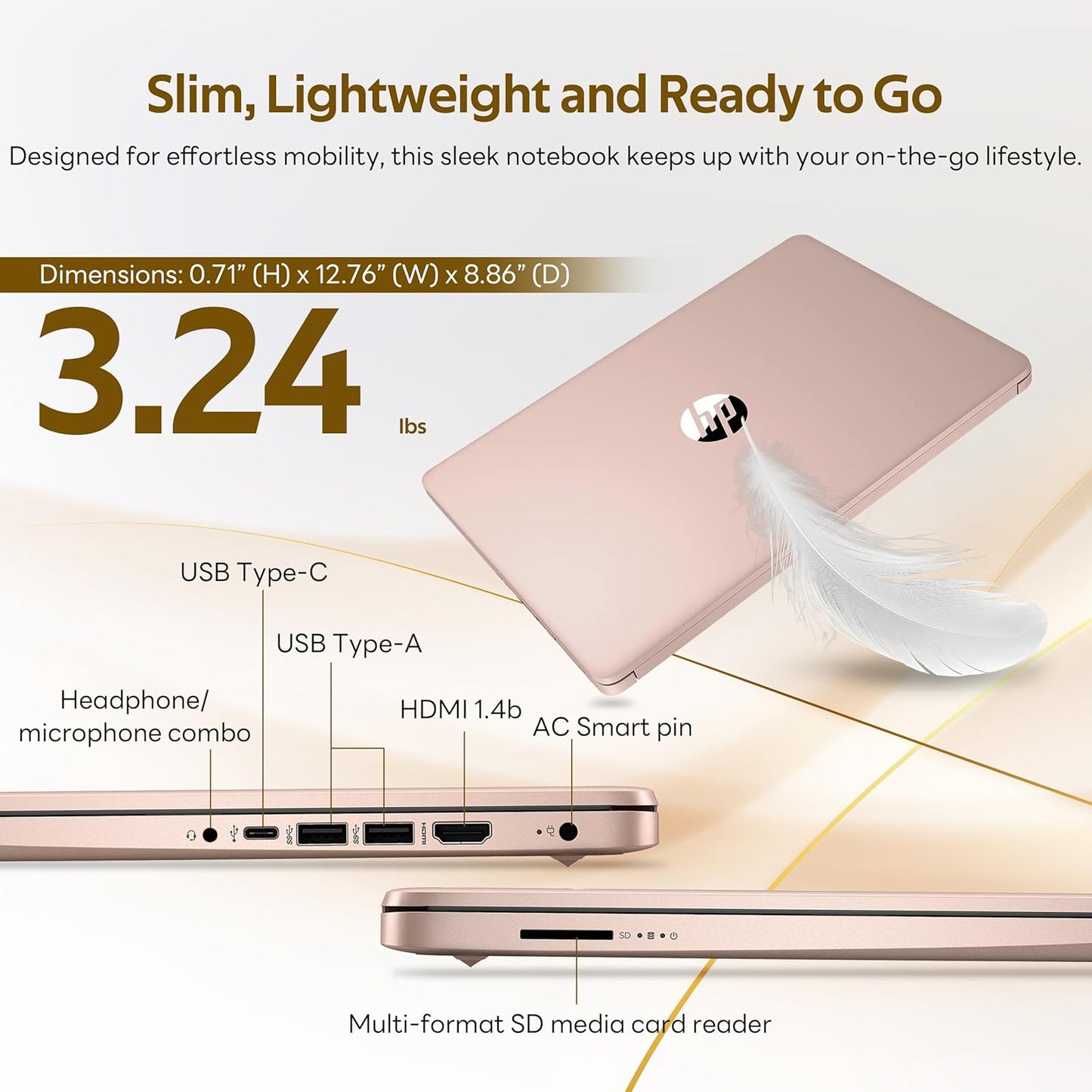 HP Stream 14" Laptop with AI Copilot, Flagship for Students & Business, 13th Gen Intel 4-Core, 4GB RAM, 1.12TB Storage (128GB UFS + 1TB Docking Station), Office 365 1-Year, Win 11 S, Pale Rose Gold