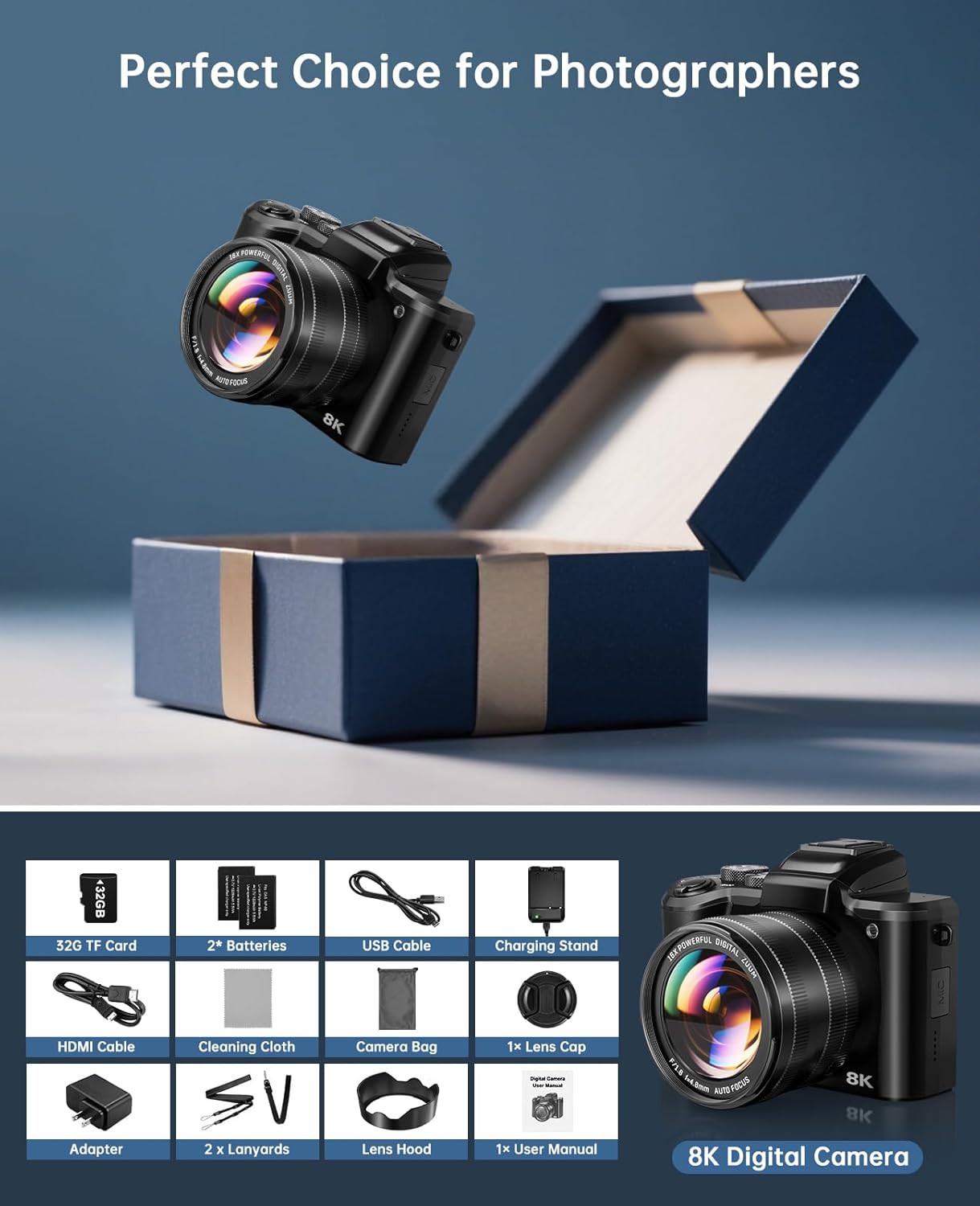 XNSIAKXA 8K Digital Cameras for Photography Autofocus 88MP WiFi Professional 16X Digital Zoom Photography Camera with Dual-Lens for YouTube with Lens Hood, Touch Screen, 2 Batteries & Charging Stand