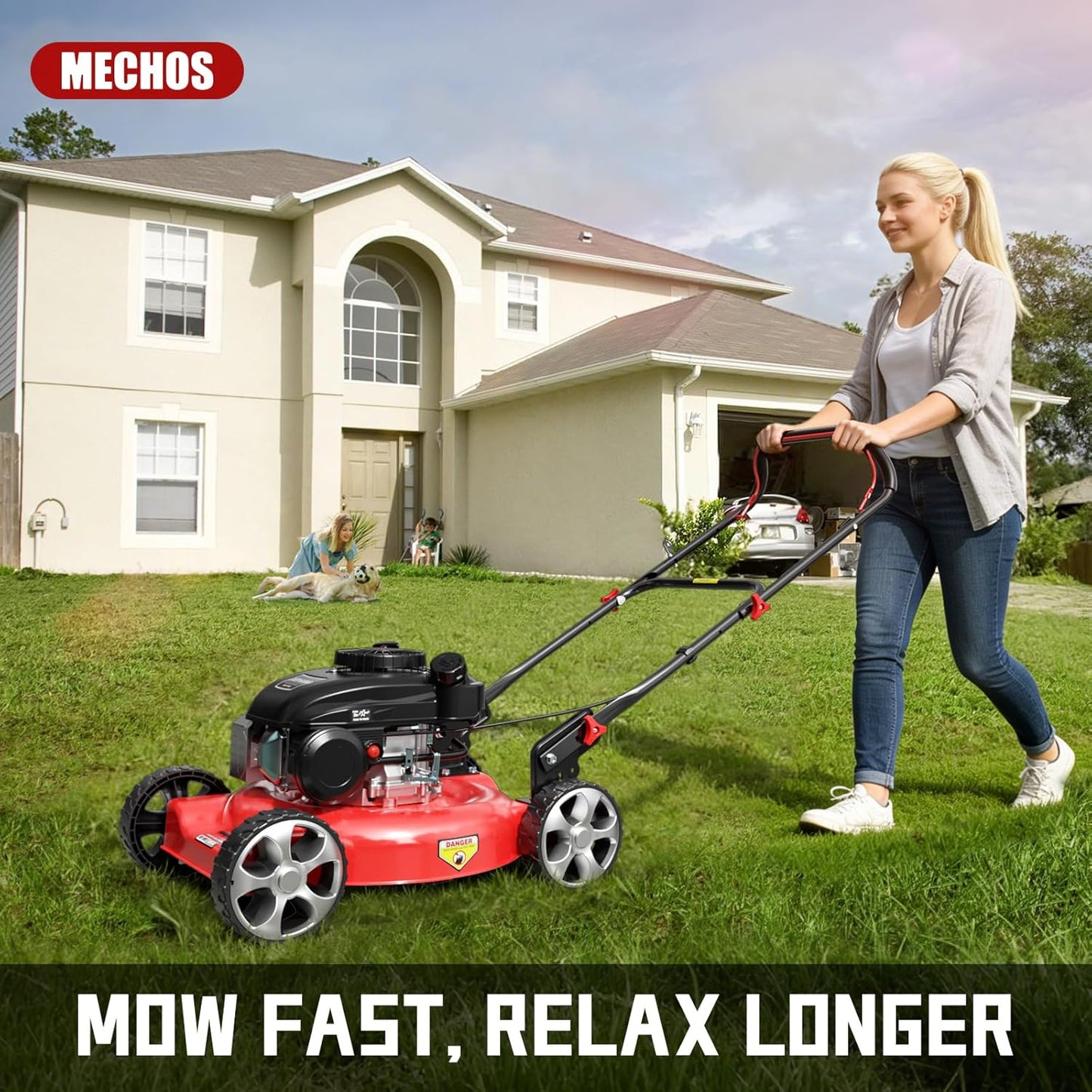 MECHOS 20'' 144cc 4-Cycle Engine 3-Position Cutting Height Adjustment 2-in-1 Gas Walk Behind Lawn Mower, Black, Hand Push