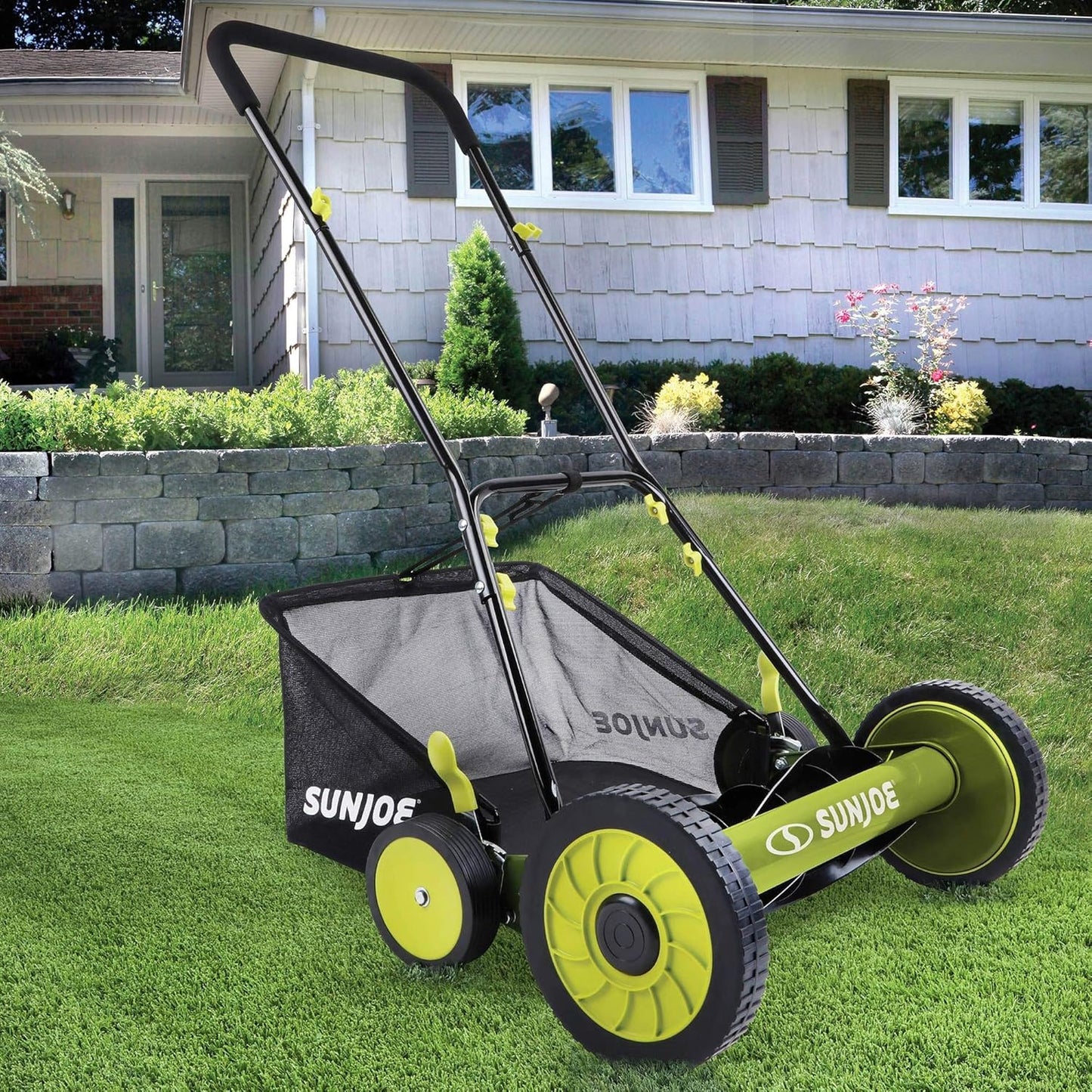 Sun Joe MJ501M w/ 7-Gallon Detachable Grass Catcher, 9-Position Height Adjustment, 5 Steel Blades, Compact Design, 18-Inch Manual, Green/Black