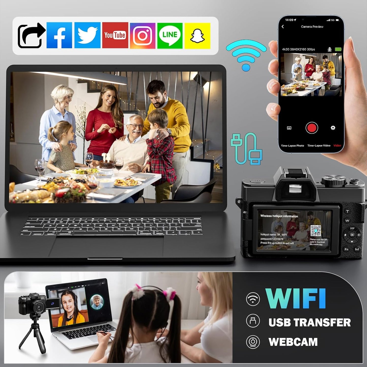 5K Digital Cameras for Photography 64MP - 16X Zoom, WiFi, with 64GB TF Card, Macro Lens & Wide-Angle, Autofocus & Anti-Shake, Vlogging Camera for YouTube Travel (Black)