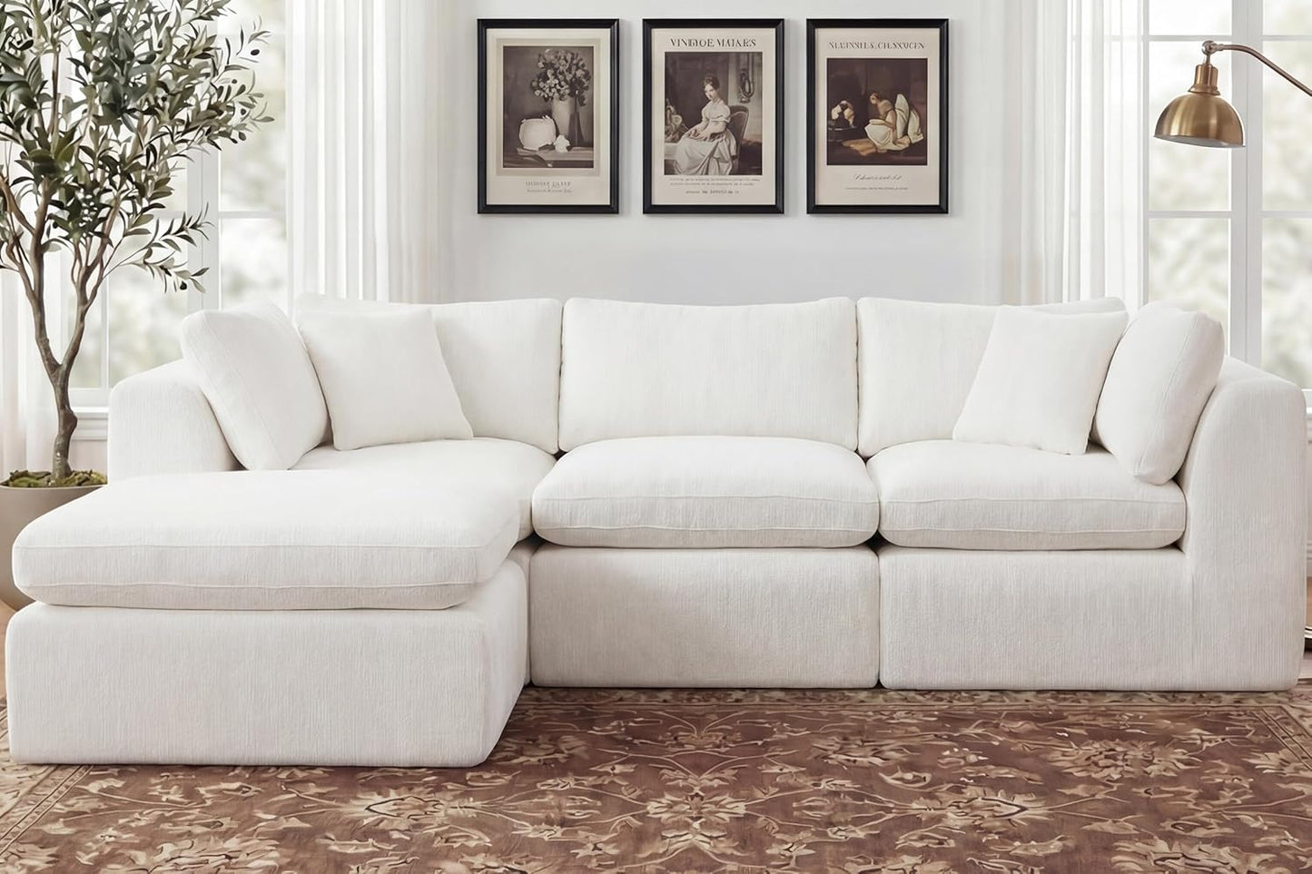 GRUSIGN 110'' Oversized Cloud Sectional Boneless Couch for Living Room, Modern Big Compressed L Shape Couch with Ottoman & 2 Throw Pillows, Chenille Deep Seat Memory Foam Spineless 4 Seater Sofa,Beige