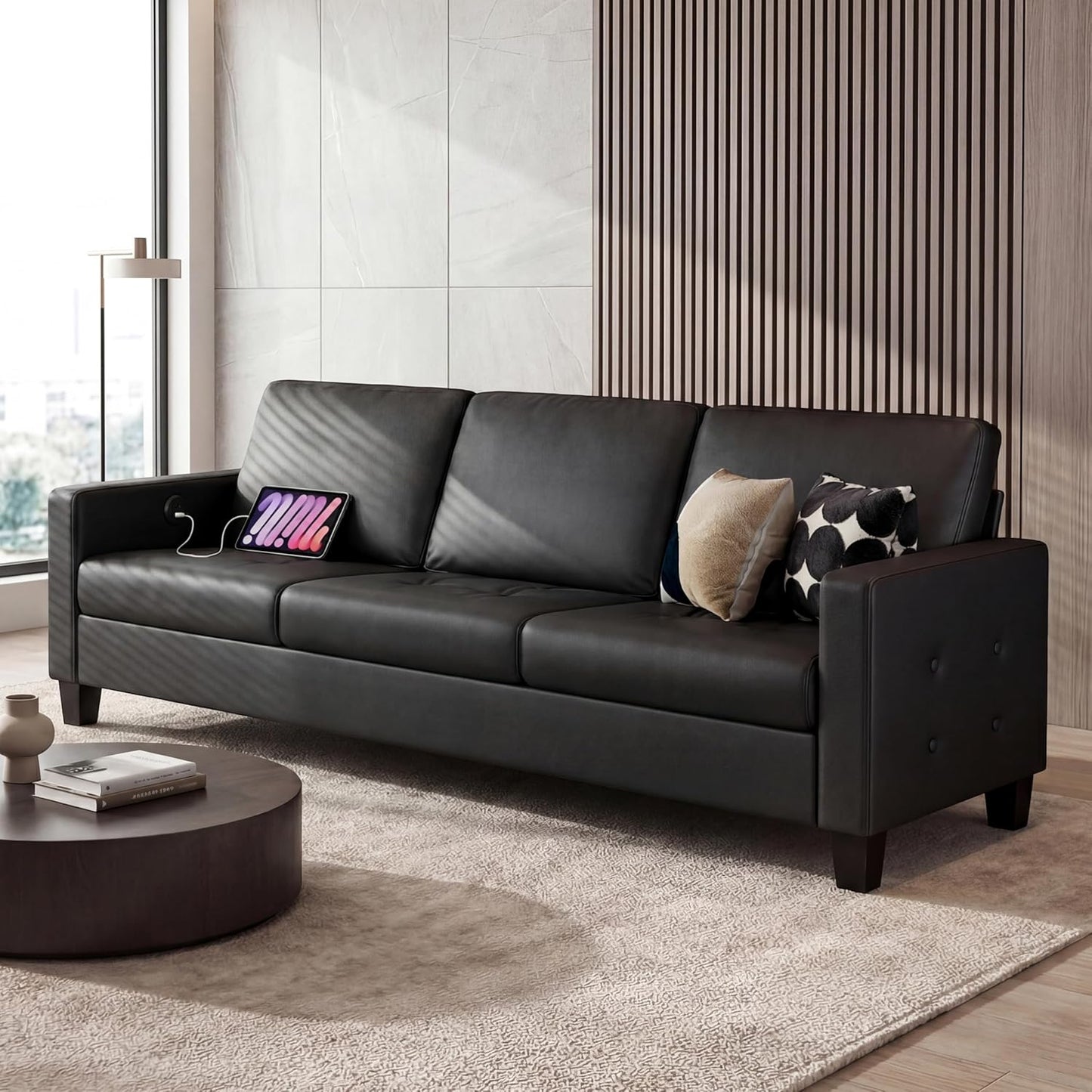 STHOUYN Black Faux Leather 3 Seater Sofa, Loveseat and Accent Chair, Modern Comfy Office Furniture Set, Small Love Seat Couch with Tufted Armrest and USB, 3 Pieces Living Room Furniture Sets (3+2+1)
