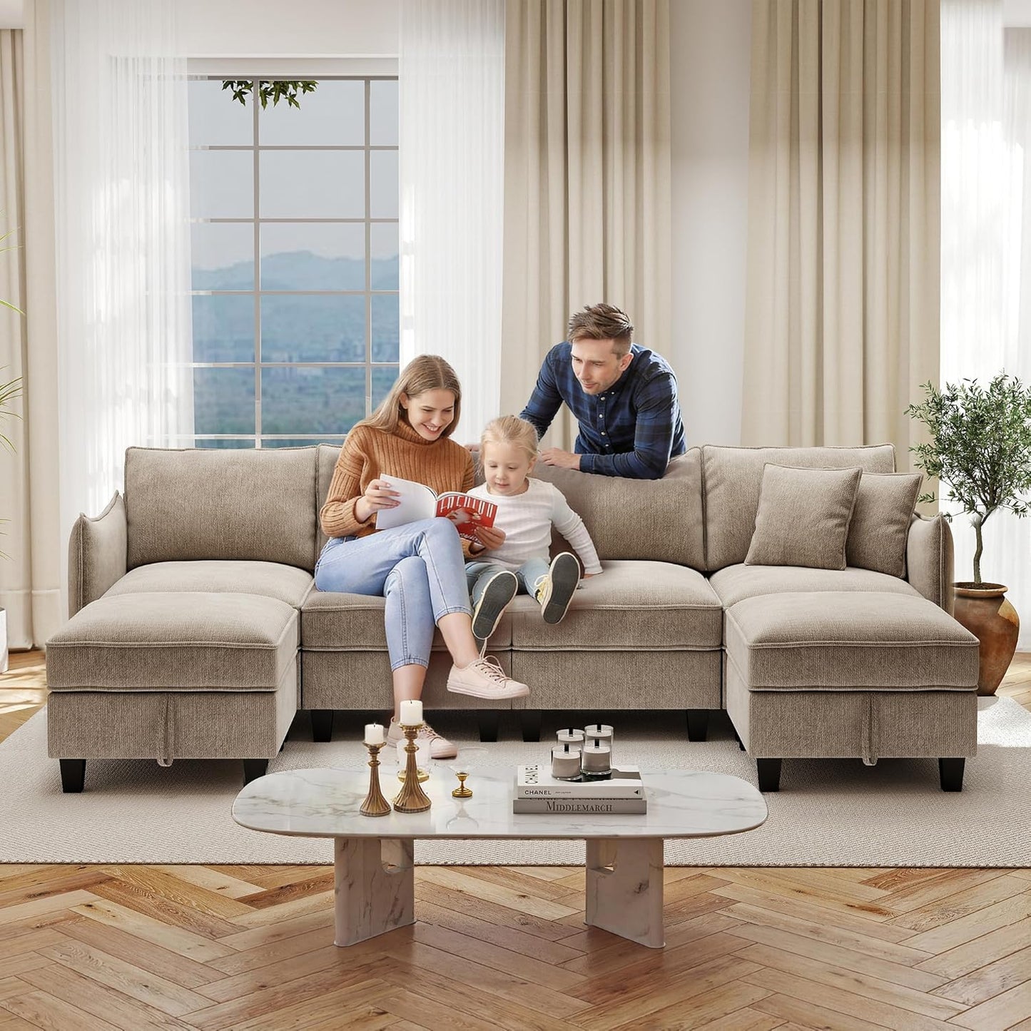 Ihanherry 112" Modular U-Shaped Sectional Sofa, Modern 6-Seat Cloud Couch with 2 Storage Ottomans, Comfy Chenille Convertible Furniture Set for Living Room, Apartment, Easy Assembly, Brown