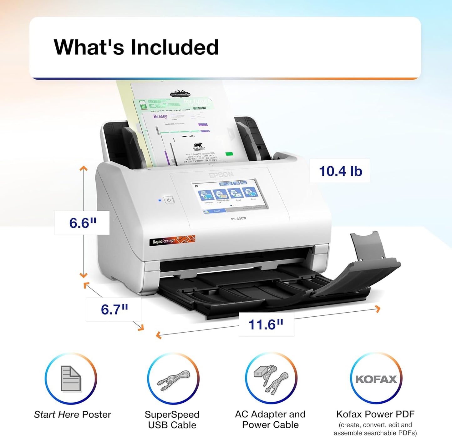 Epson RapidReceipt RR-600W Wireless Desktop Color 2-Sided Document & Tax Receipt Scanner with ScanSmart AI PRO Data Management Software for PC & Mac Touchscreen & 100-Page Auto Document Feeder, White