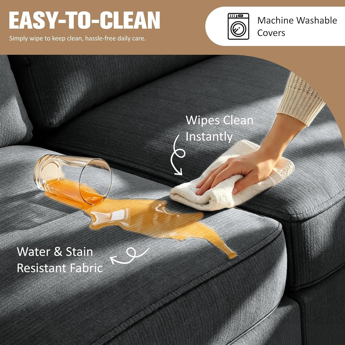 JAMFLY Couches for Living Room, 3-Seat Reversible Sectional Sofa with Convertible Ottoman, Modern Ribbed Fabric L-Shaped Couch for Small Apartment, Studio & Office, Easy Assembly, Grey