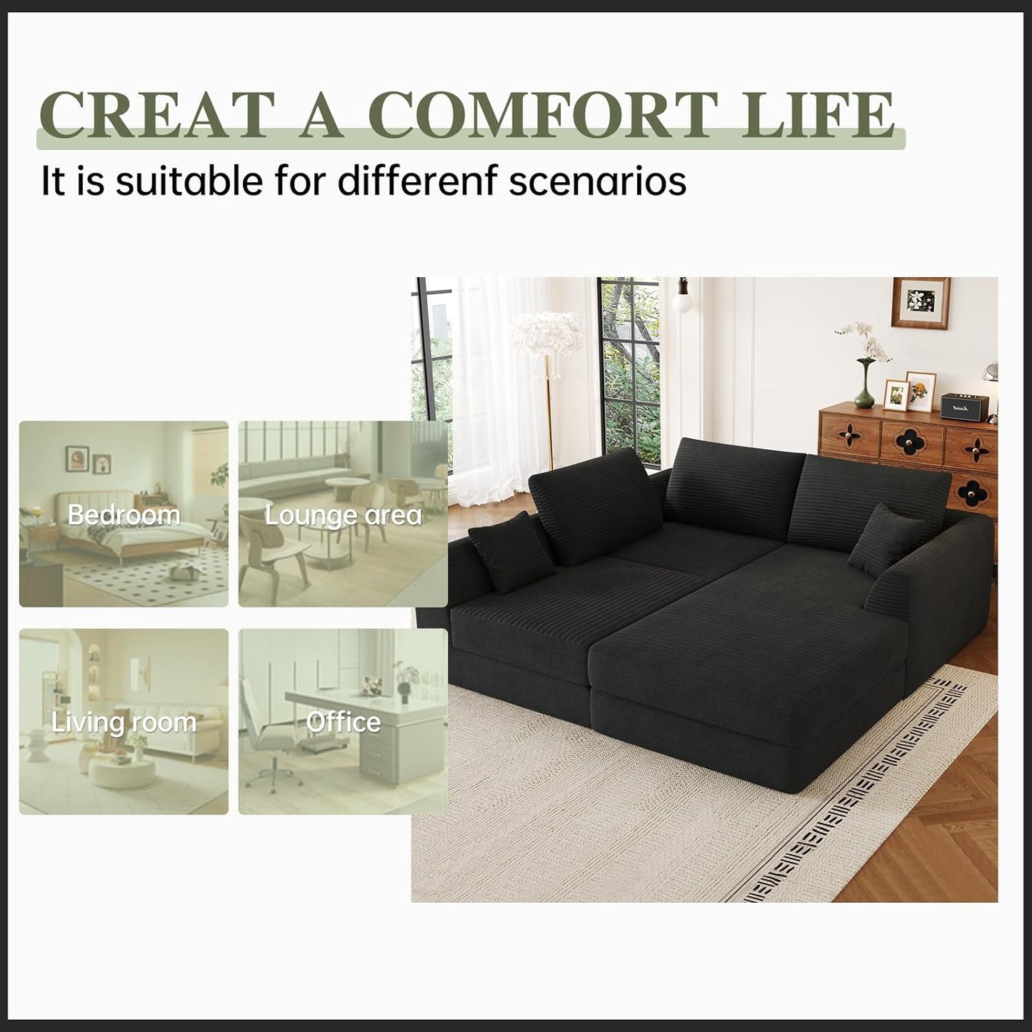 106" Modular Sectional Sofa with Reversible Chaise, Black Corduroy L-Shaped Cloud Couch for Living Room Apartment, 3-Piece Set, No Assembly Required, High-Density Supportive Foam