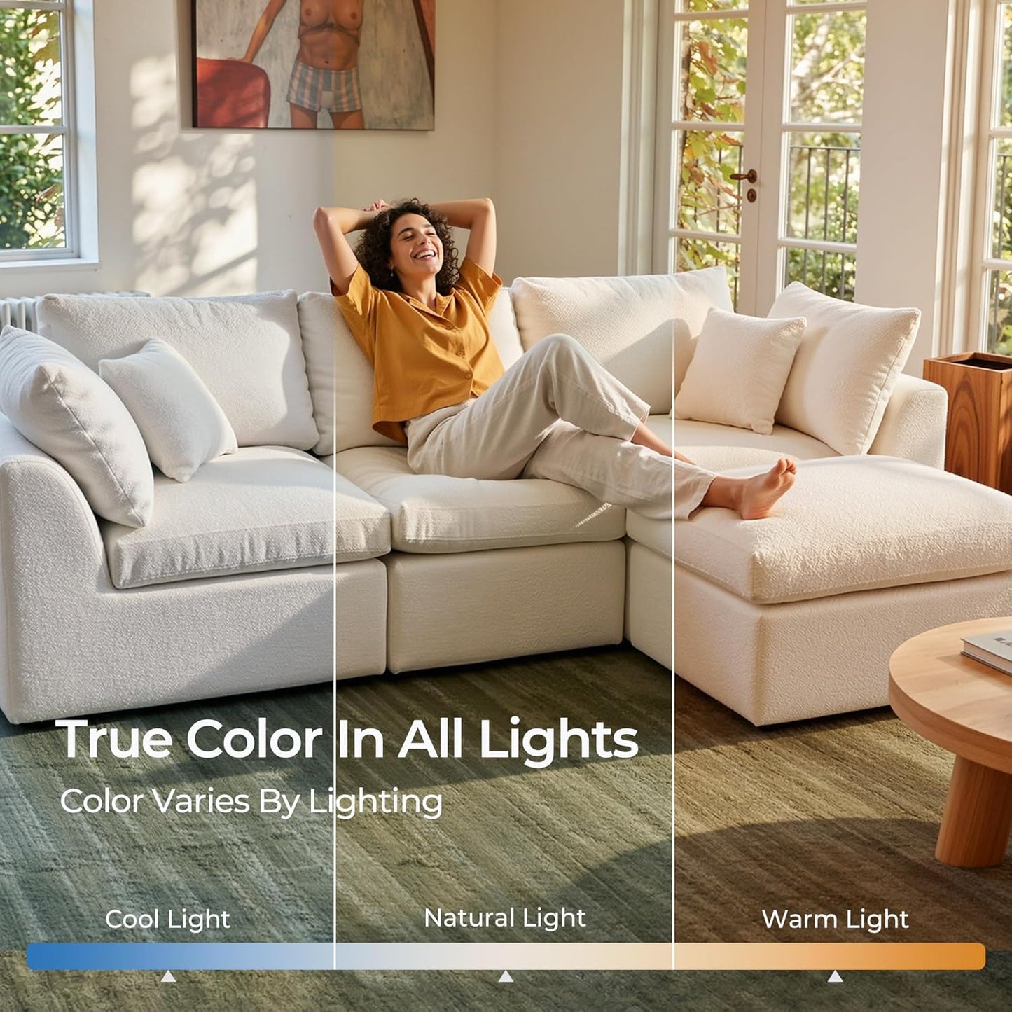 Amsleekey 108" Cloud Sectional Couches, with 1 Extra Washable Cover, L Shaped 25.6" Deep Seat Couch with Ottoman, Oversized Comfy Living Room Sofa, DIY Color Refresh (White Sofa + Gray Cover Set)