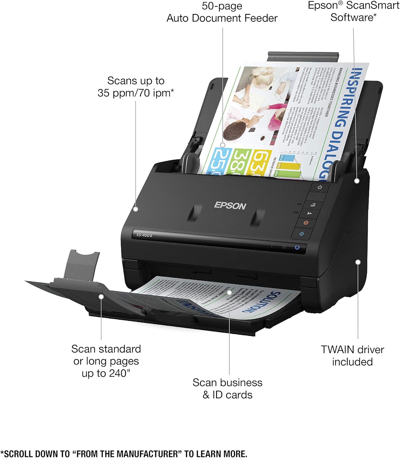 Epson Workforce ES-400 II Color Duplex Desktop Document Scanner for PC and Mac with Auto Doc Feeder (ADF), Image Adjustment Tools