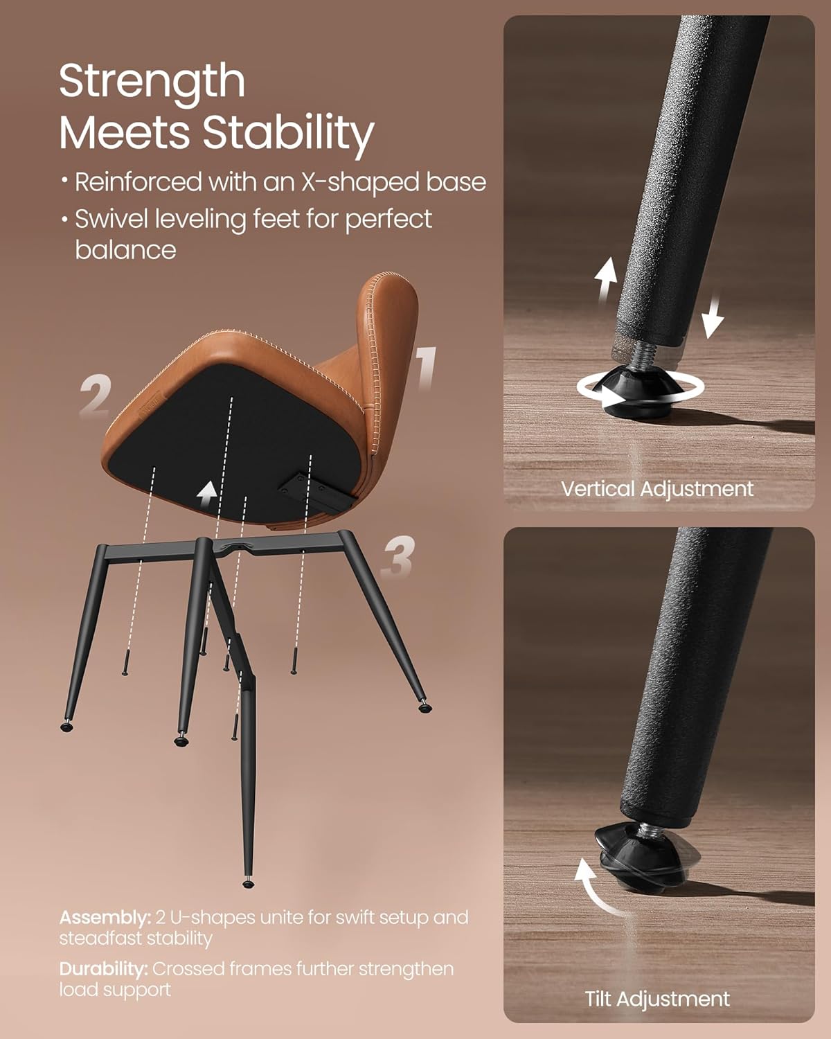 VASAGLE EKHO Collection - Dining Chairs Set of 4, Upholstered Kitchen Chairs, Comfortable Seat, Synthetic Leather with Stitching, Mid-Century Modern, Easy Assembly, Living Room Lounge, Caramel Brown