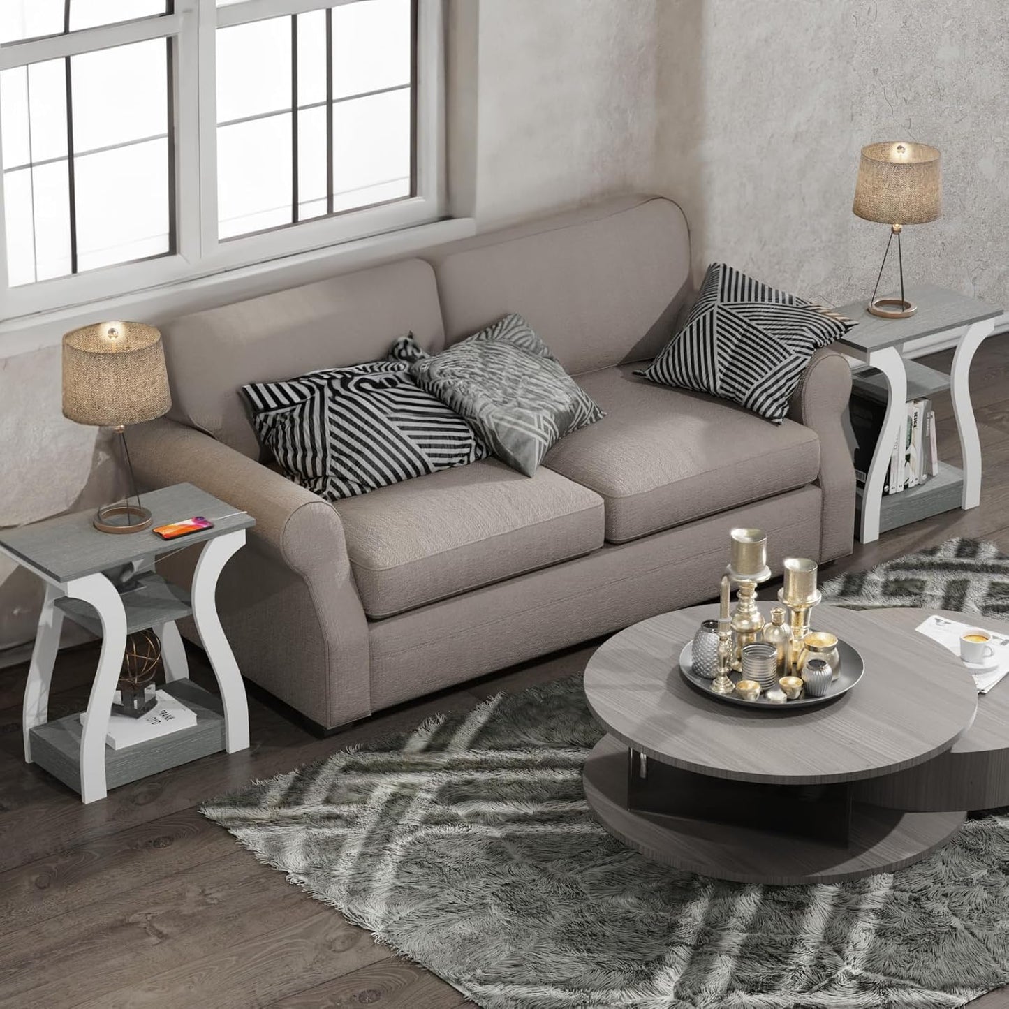 FROMJBEST End Tables Living Room Set of 2,Grey End Table with Charging Station,Grey Side Table, Nightstand for Bedroom, 3 Tier End Table with Storage Shelf for Living Room