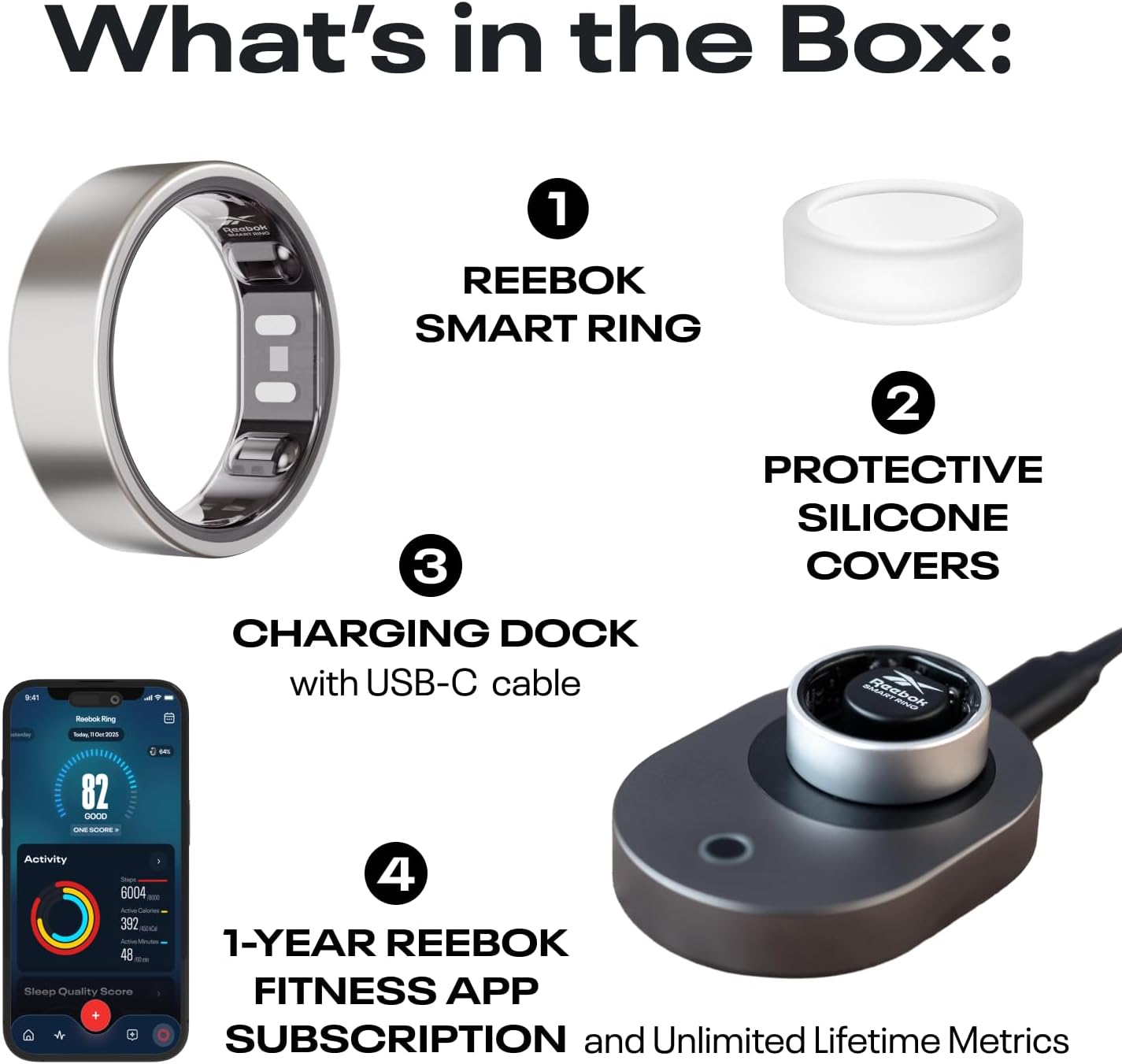 Reebok Smart Ring for Women or Men - Shiny Gold, Size 10 Fitness Ring - The Next Generation of Wearable Technology - Fitness and Sleep Tracker - Monitors Wellbeing and Recovery