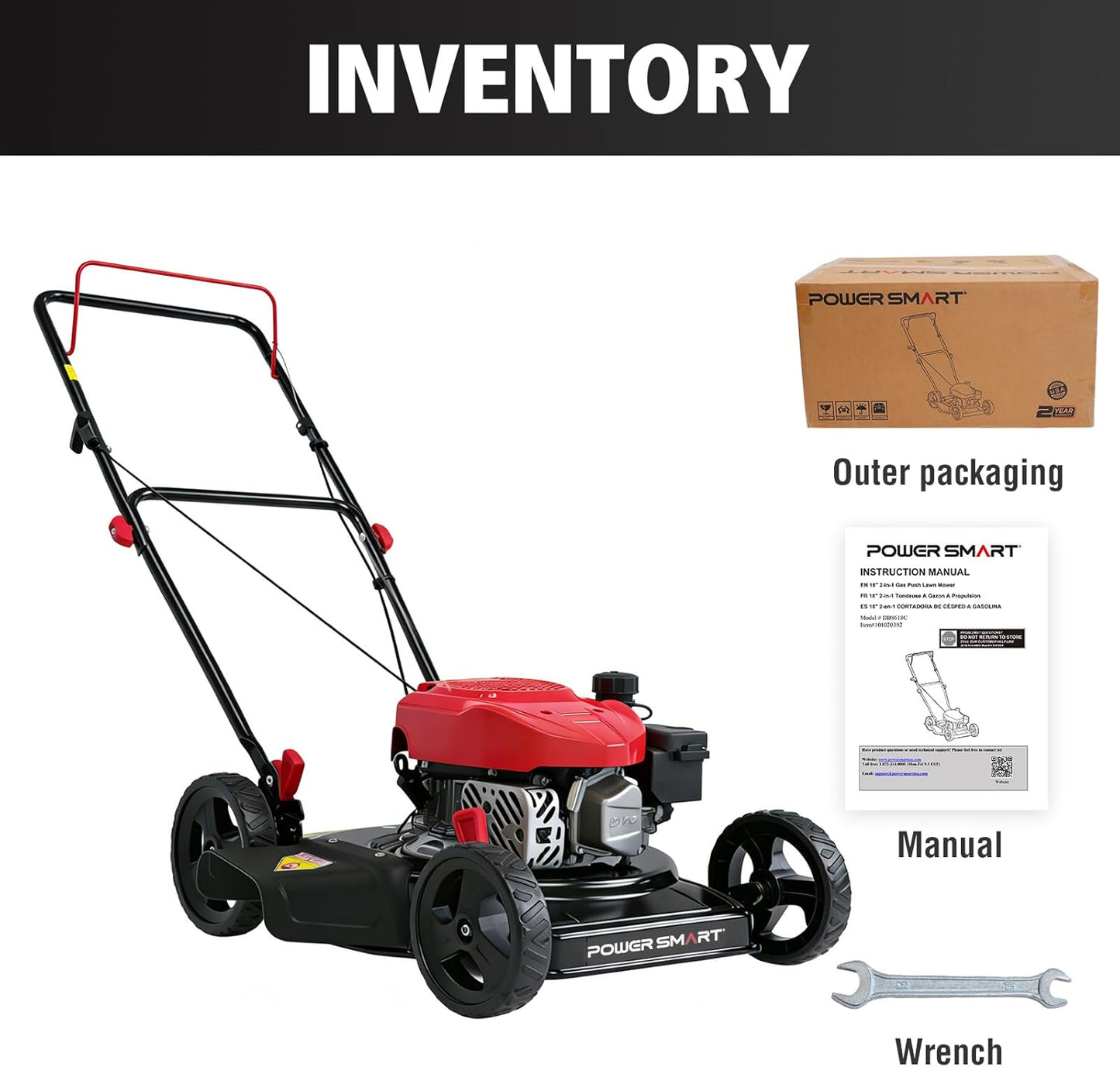 PowerSmart EasyCut 18" 144cc Gas Lawn Mower, Heavy-Duty Steel Deck, Side Discharge, 5-Position Height Setting, Walk-Behind Push Mower with Side Discharge