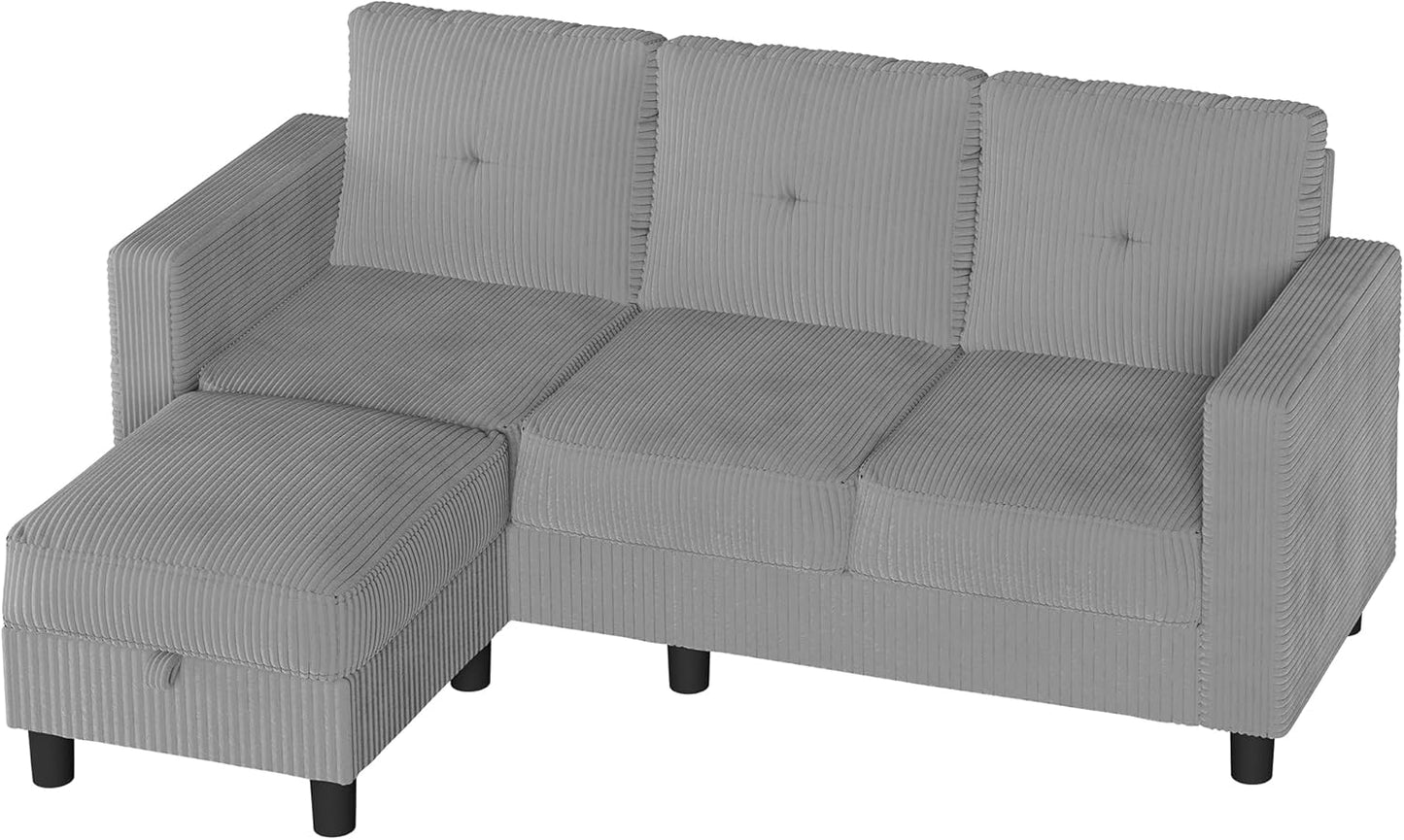 Shintenchi 76" Modern Upholstered Sectional Sofa, L-Shaped Couch with Storage Ottoman and Reversible Chaise for Living Room, Off-Grey Corduroy Fabric
