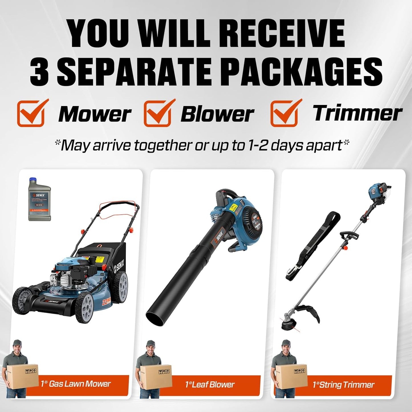 SENIX 22" Self-Propelled Gas Lawn Mower (170cc) +17-Inch 26.5 cc Gas Weed Wacker + 26.5cc Gas Leaf Blower Yard Tool Kit