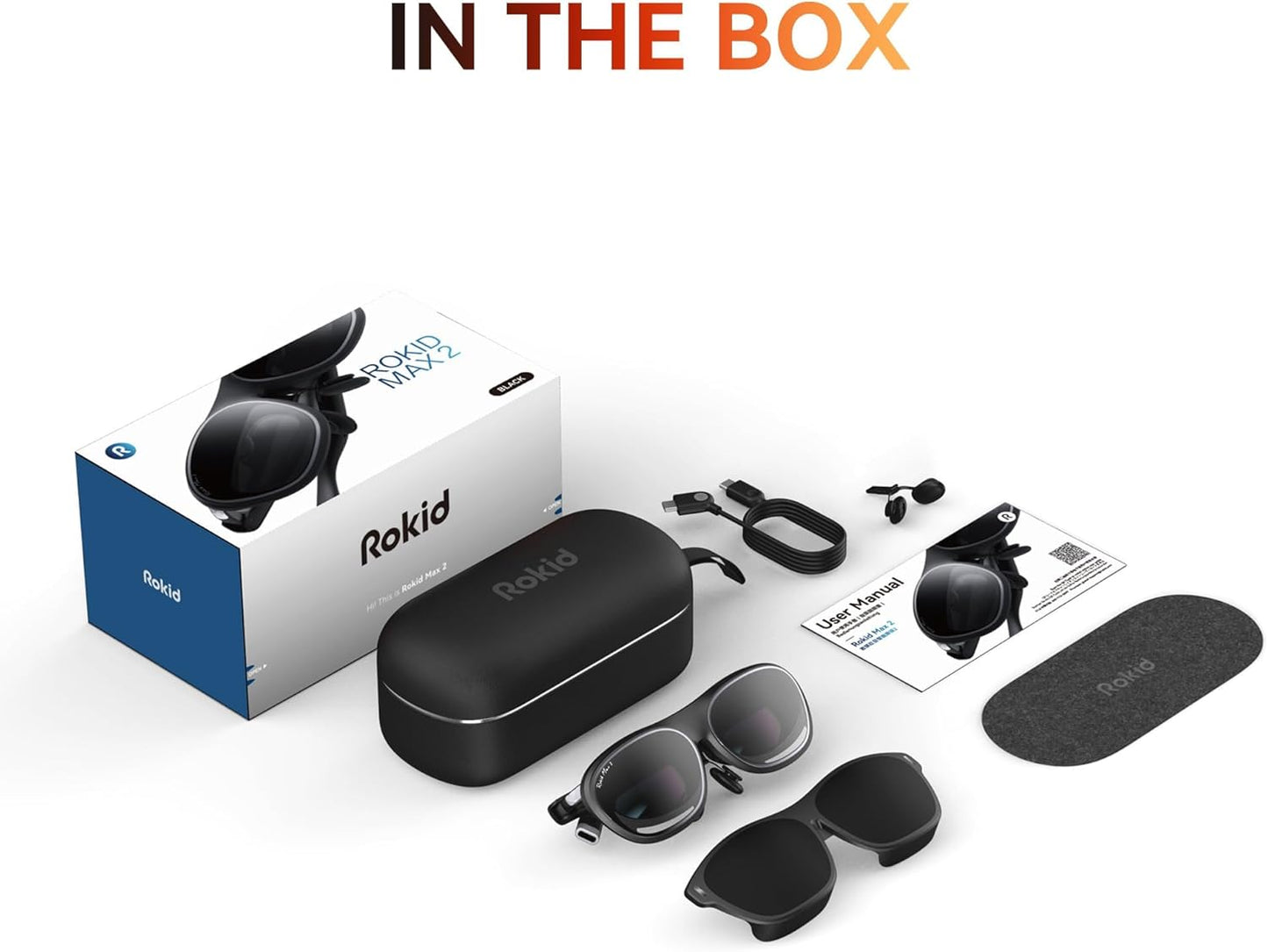 Rokid Max2 black AR Glasses, 215" Micro-OLED Display, 50° FOV, 600 Nits Brightness, compatible with smart phones, Windows laptops, Ipad since 2020