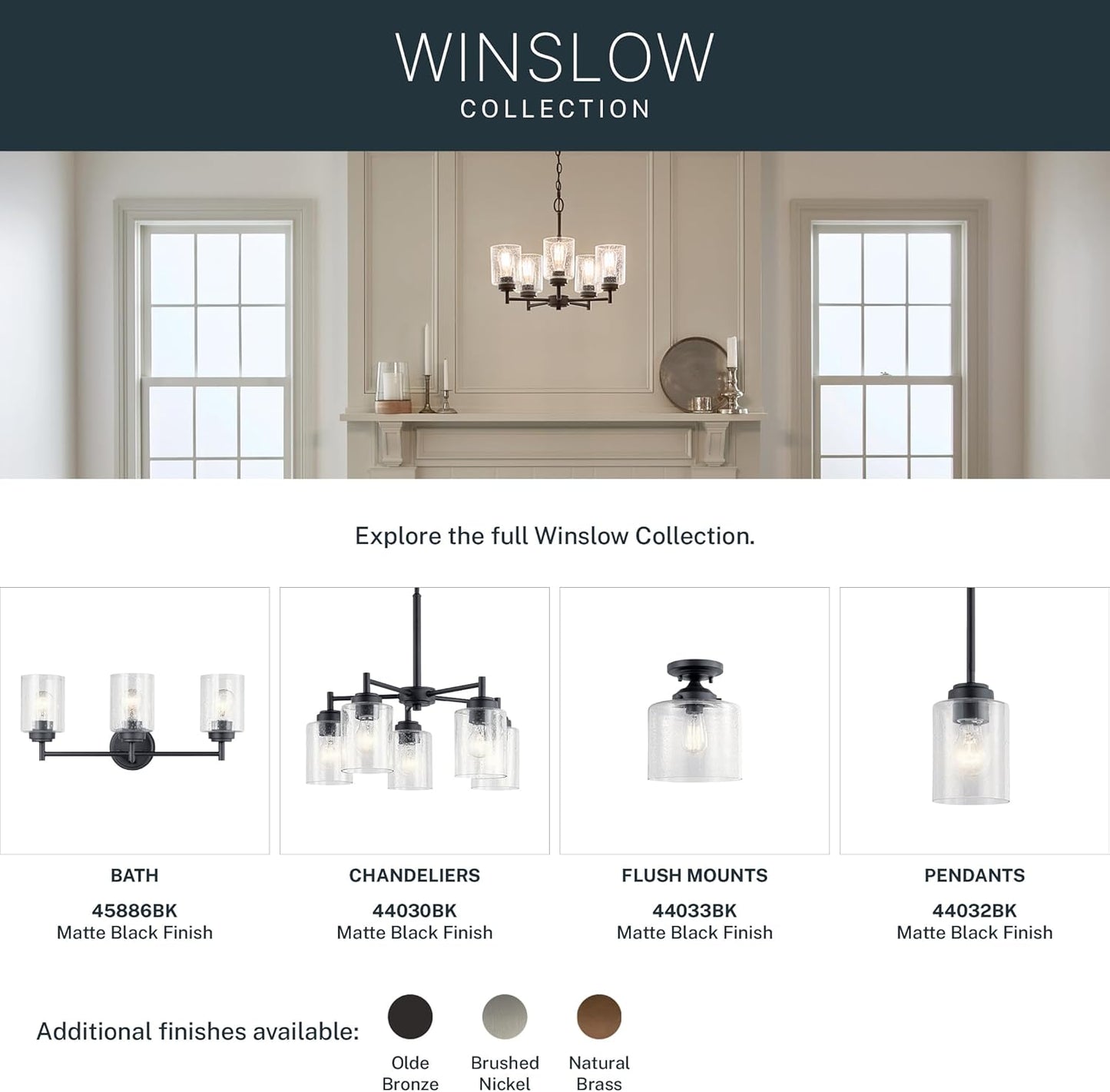 Kichler Winslow 21.5" 3-Light Bathroom Vanity Light Fixture with Clear Seeded Glass in Black, Modern Wall Mount Lighting for Mirror over Vanity in Bathroom, 45886BK
