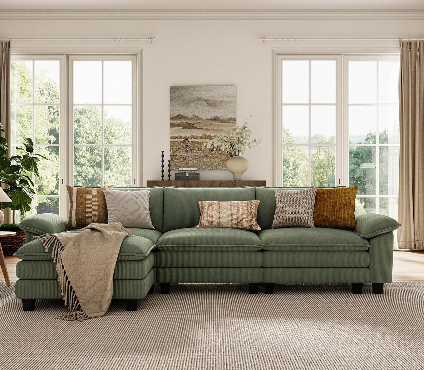 LINSY HOME 123" Modular L-Shaped Sectional Sofa, 3-Seat Corduroy Modern Cloud Couch with Deep Seat & 1 Movable Ottoman, Perfect for Living Room, Office, Bedroom, Green