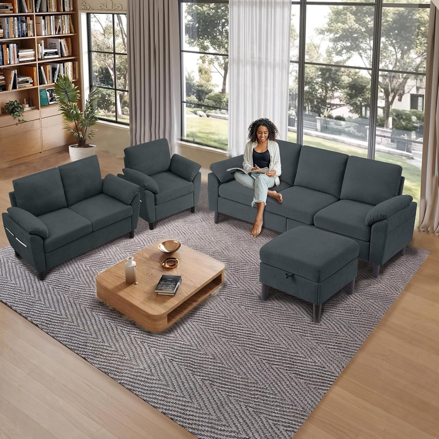 4 Piece Convertible Sectional Sofa Set, Modern Linen Small L Shaped Couch with Reversible Chaise, 3-Seater Sofa & Loveseat & Armchair for Living Room, Office, Apartment, Dark Grey