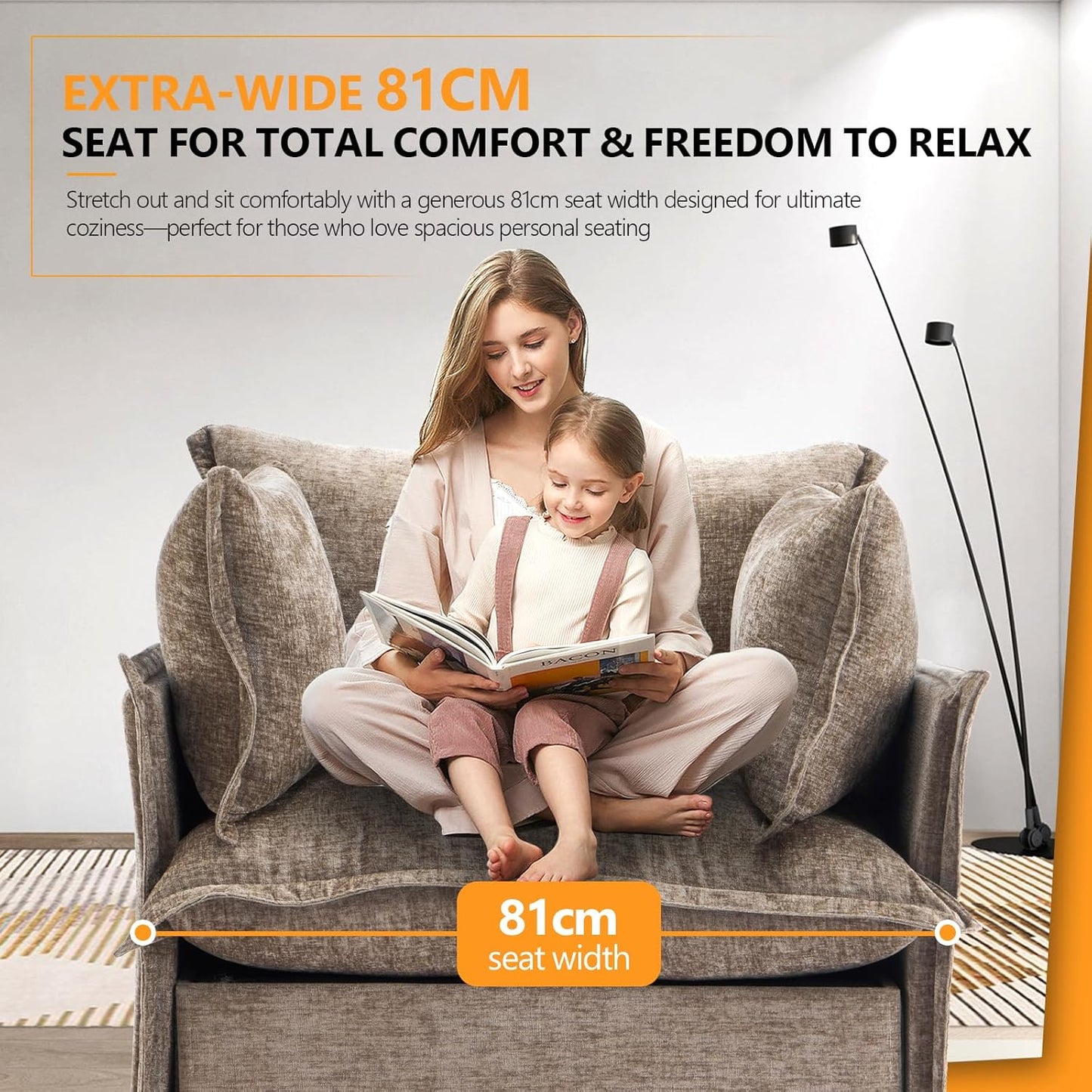 VINGLI 34" Oversized Accent Chairs Set of 2, Light Brown Reading Chair Upholstered Armchair Soft Chenille Fabric Living Room Chairs Sofa for Adults Bedroom, Home Office, Play Room