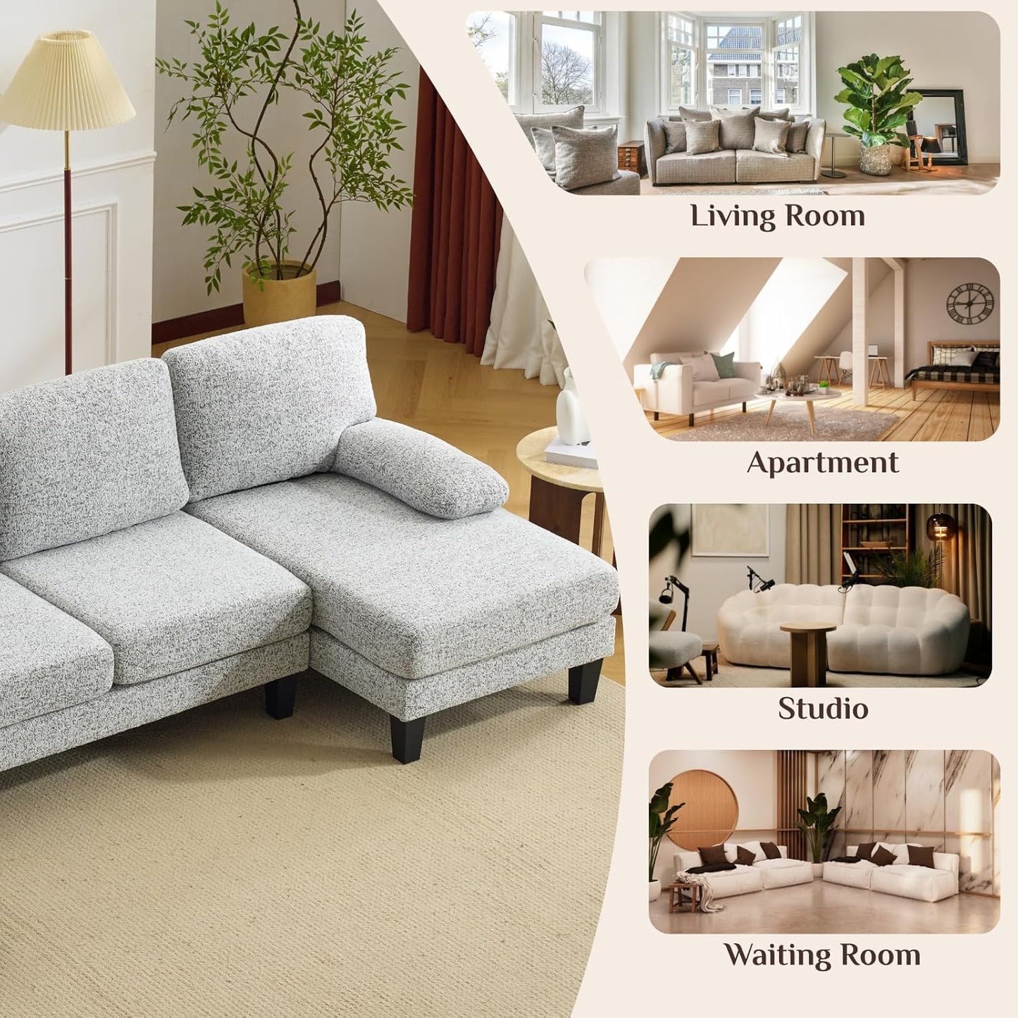 Karl home 110" U-Shape Sectional Couches for Living Room Chenille Upholstery 4 Seat Sofa Set with Double Chaises & Wood Grain Legs for Apartment, White & Grey