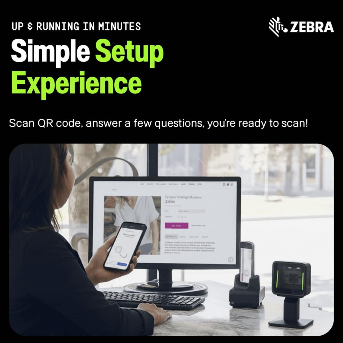 Zebra SP20 Barcode Scanner with Stand | Fast Checkout, Wide Field of View | 1D, 2D, OCR, Digimarc Countertop Scanner | 7ft USB Cable Included | Retail POS Scanning | Compact Imager | Hands-Free Design