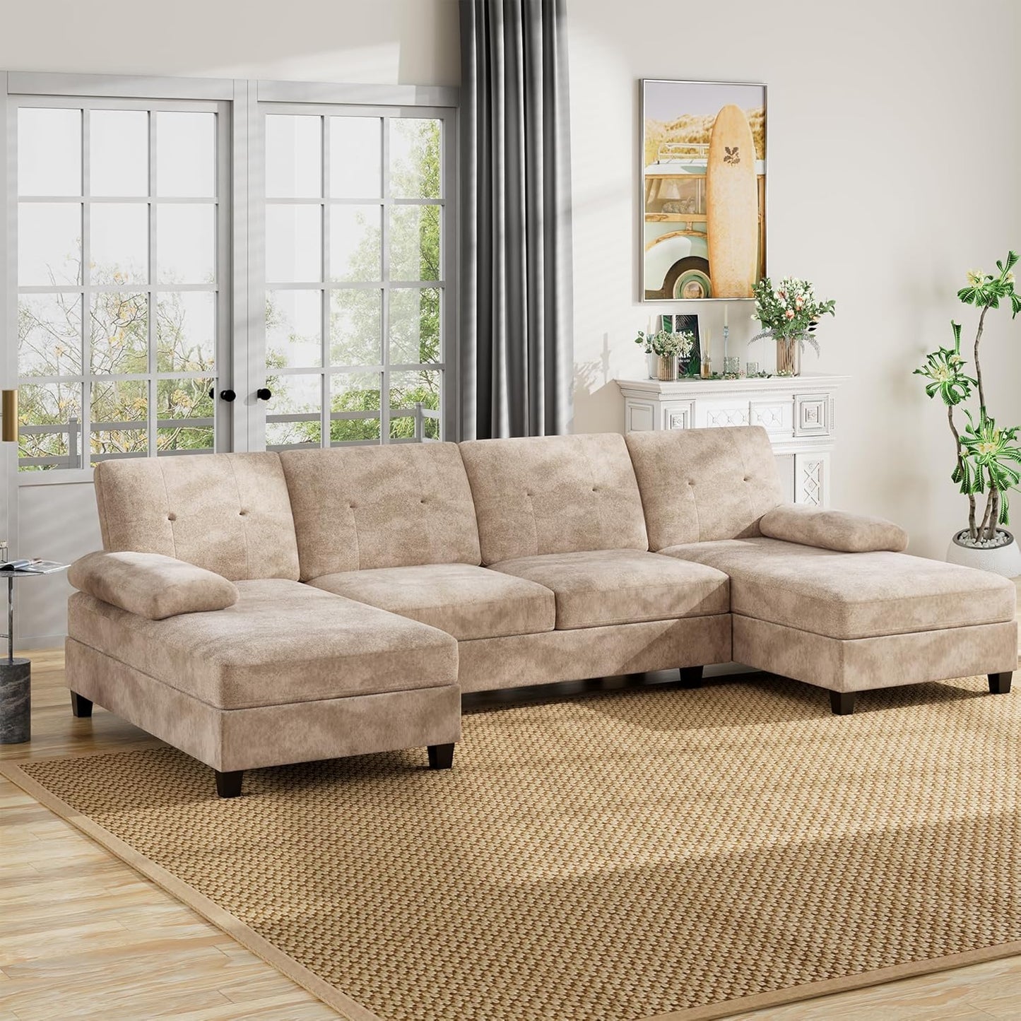 U-Shaped Sectional Couches for Living Room, 4 Seat Sofa with Double Chaise Lounges,Solid Wood Frame Sectional Sofa for Apartment,Beige