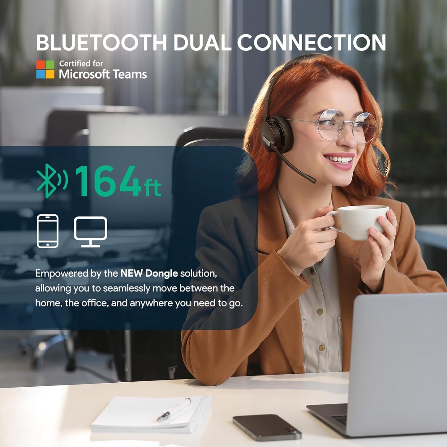 Yealink BH70 Mono UC Wireless Bluetooth Headset with Microphone for Work, up to 35h Talking Battery Life, 3-Mic Noise Cancellation, 91g Lightweight Work Headsets for Open Office, USB-C to A