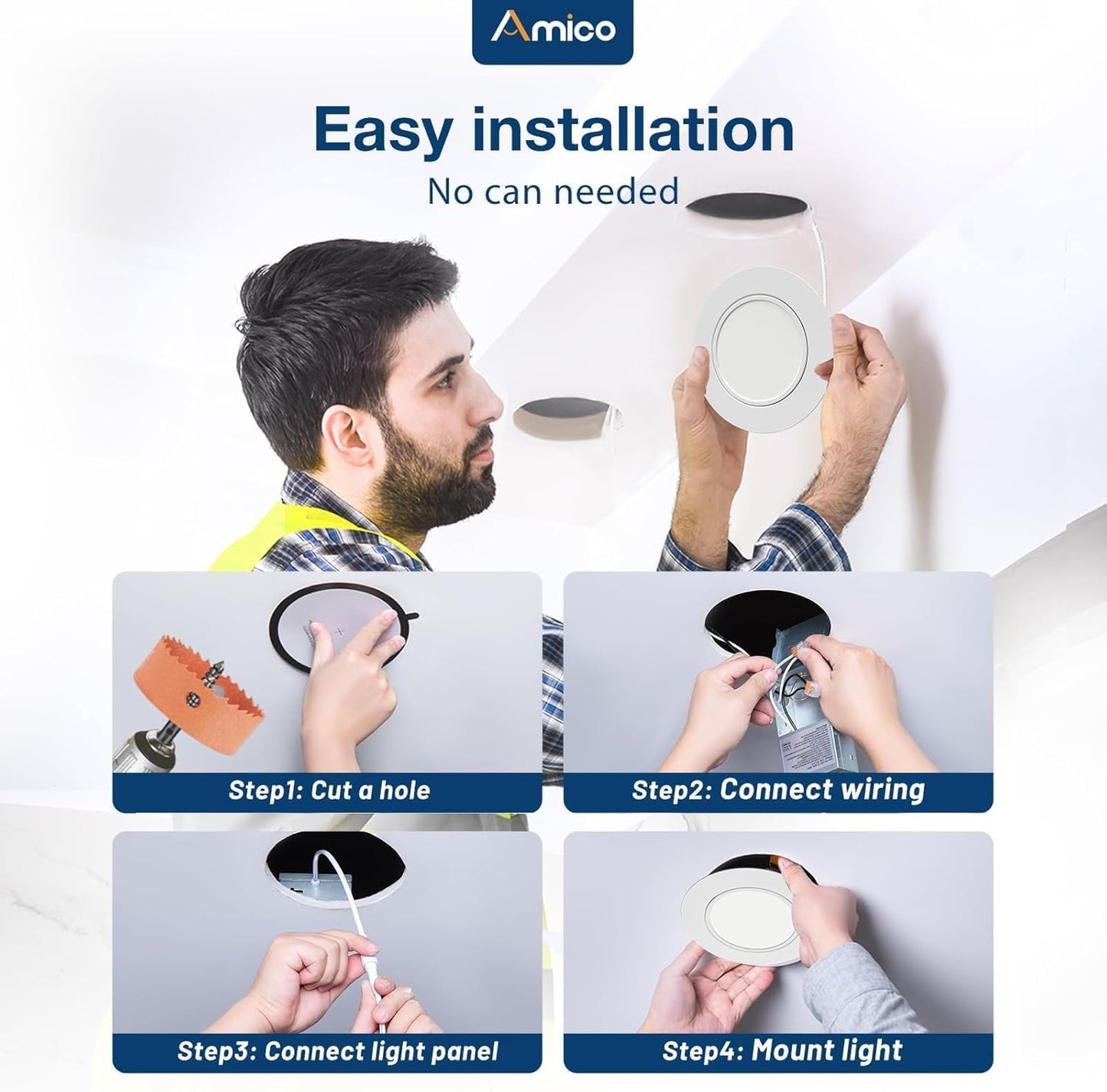 Amico 12 Pack 6 Inch 5CCT Gimbal LED Recessed Ceiling Light, 360°&90° Adjustable Eyeball Directional Can Lights, Dimmable Retrofit Wafer Downlight with Jbox, 12W 1200LM CRI90+, White, ETL&FCC