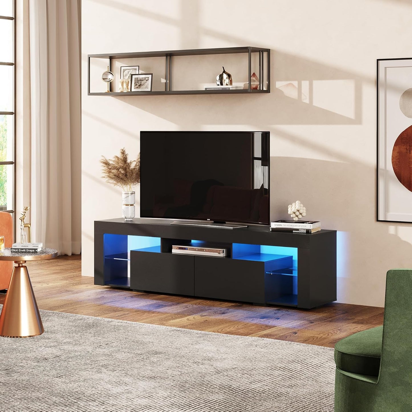 WLIVE 63 inch TV Stand for 50 55 60 65 70 Inch TVs, Modern Entertainment Center with LED Lights & 2 Large Storage Drawers, TV Console Gaming Media Television Stands for Living Room, Bedroom(Black)