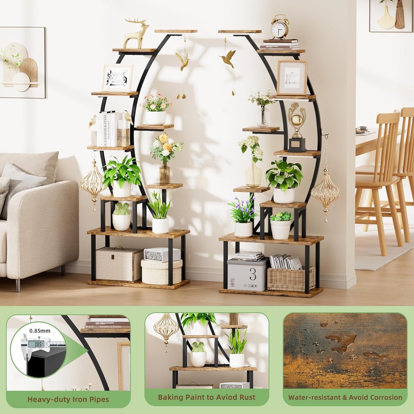 BACEKOLL Plant Stand Indoor with Grow Lights, 9 Tiered Metal Plant Shelf, 64" Tall Plant Stand for Indoor Plants Multiple, Large Plant Rack Display Shelf, Curved Plant Holder for Living Room, Patio