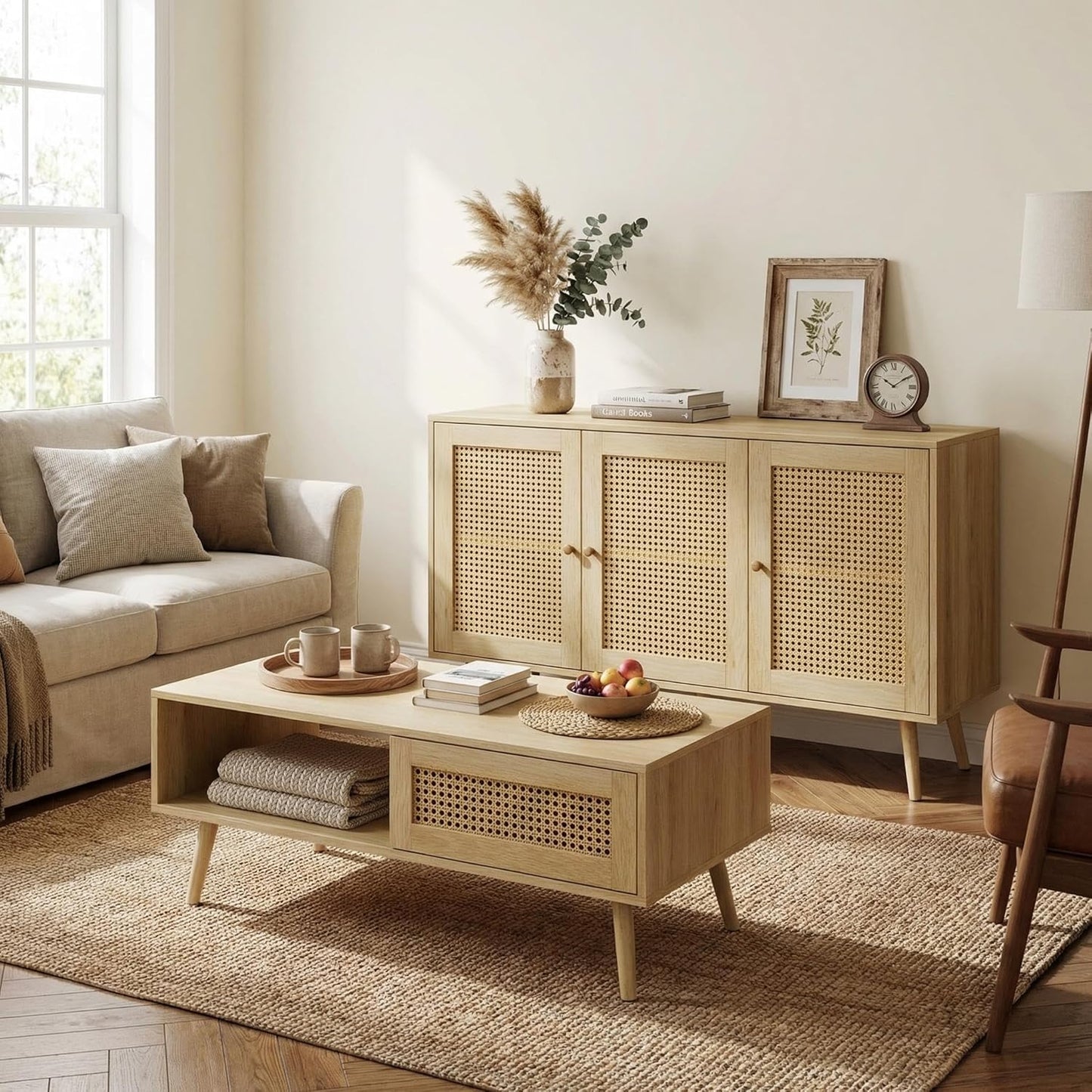 IDEALHOUSE Living Room Table Sets of 2, Includes 47" Rattan TV Stand Storage Cabinet for 55" TV, Farmhouse Coffee Table with Storage Shelf for Bedroom