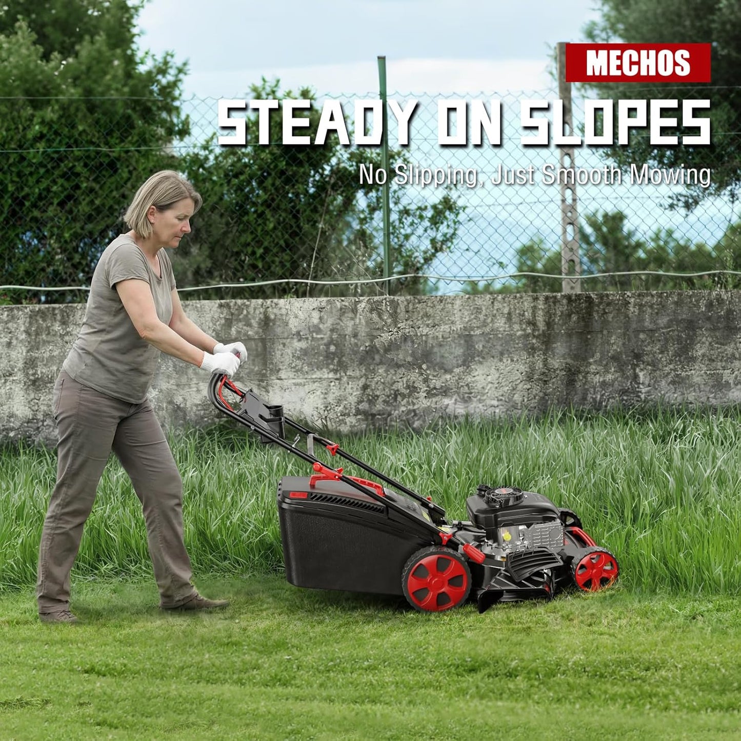 MECHOS 21 Inch 201cc 4-Cycle Engine 3-Position Cutting Height Adjustment 3-in-1 Gas Walk Behind Self Propelled Lawn Mower, Black