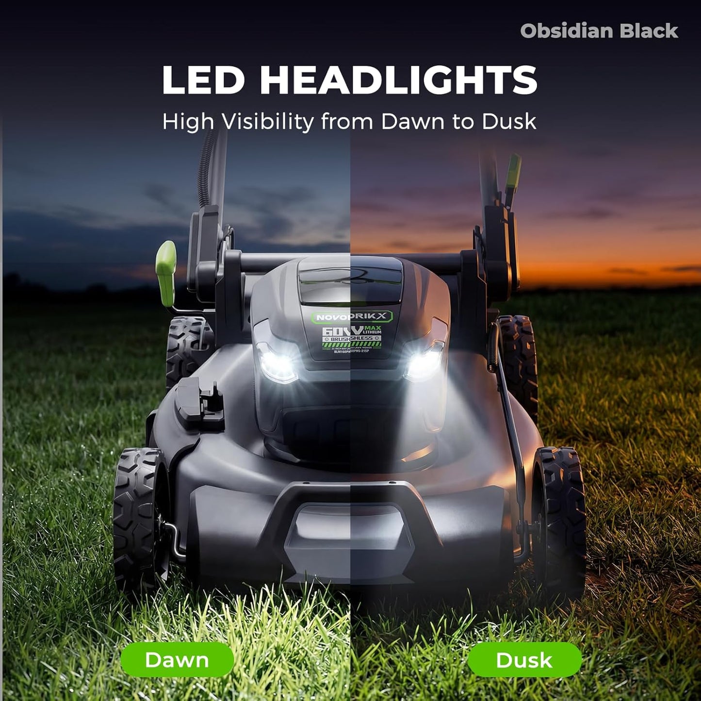 NovorikX 60V 5Ah Self-Propelled Electric Cordless Lawn Mower with 5.0Ah Battery 21-Inch, Brushless Mower for Large Yards, LED Headlight, Rapid Charger 3-in-1 Versatility Obsidian Series