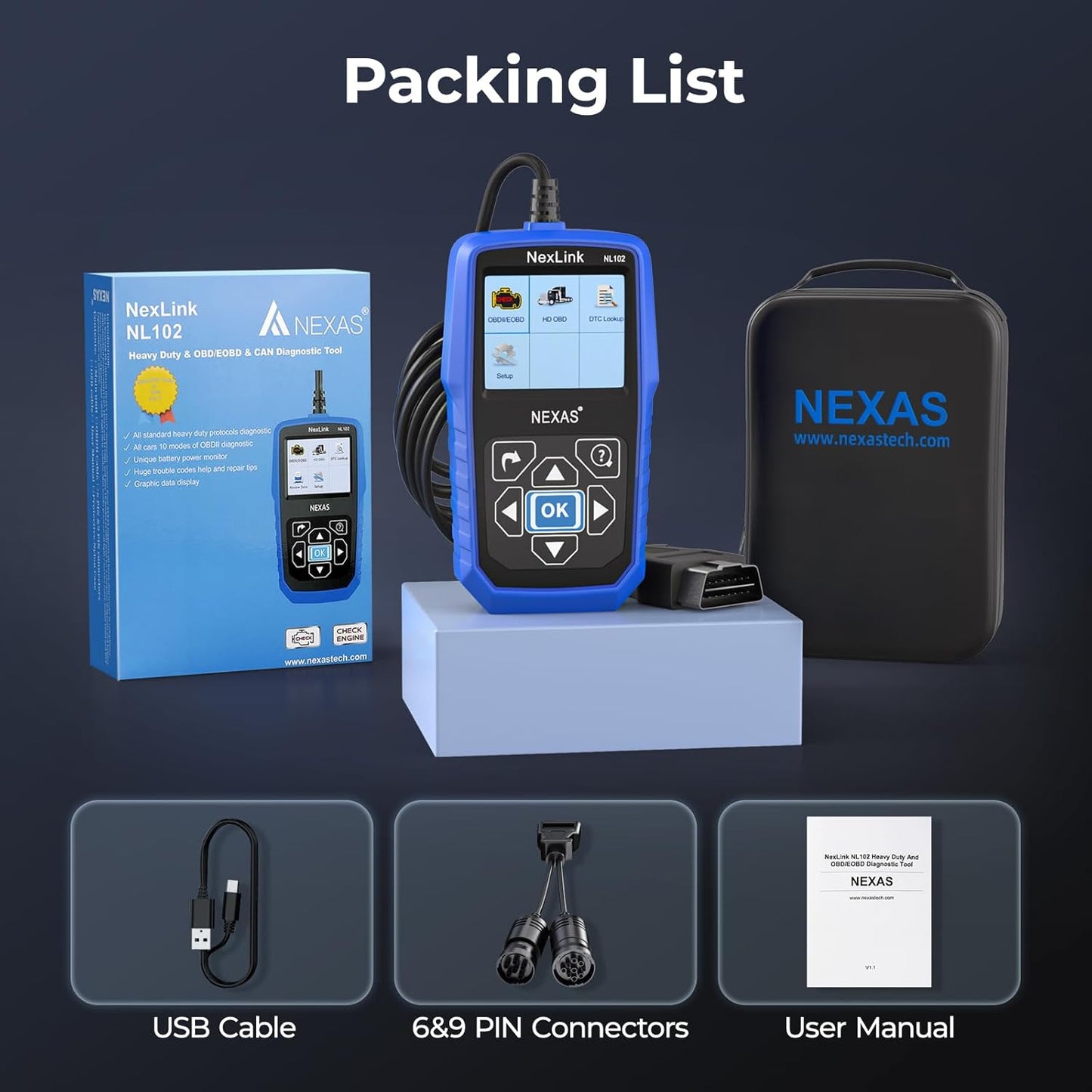 NEXAS Heavy Duty Truck Scanner NL102 Full System Diesel Truck Scan Tool for Cummins, Isuzu, Freightliner, Caterpillar, Detroit, Peterbilt, 2-in-1 Code Reader Read & Clear Fault Codes for Truck & Car